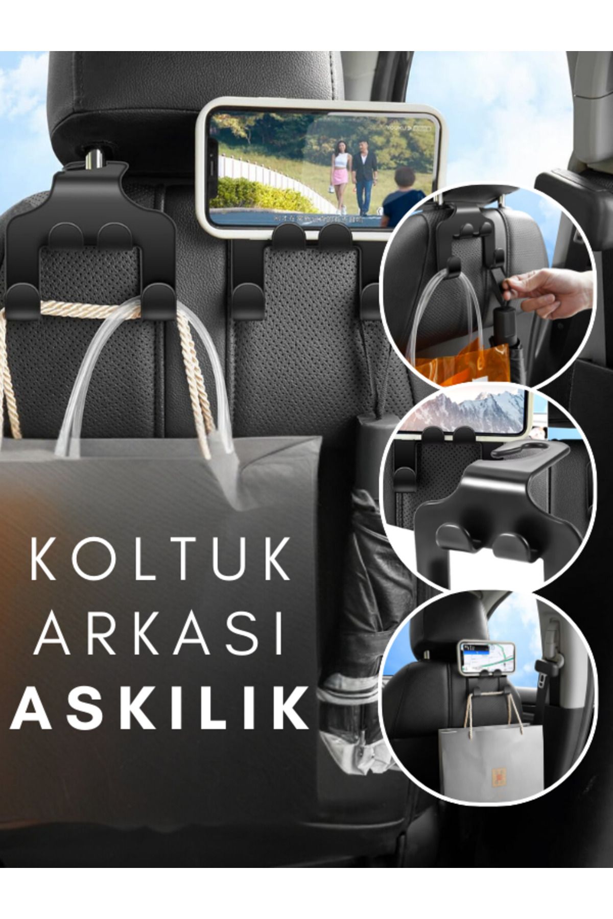 Araç Telefon Ve Tablet Tutucu 2 Kademeli Koltuk Arkasına Takılabilen Poşet Ve Askılık Düzenleyici