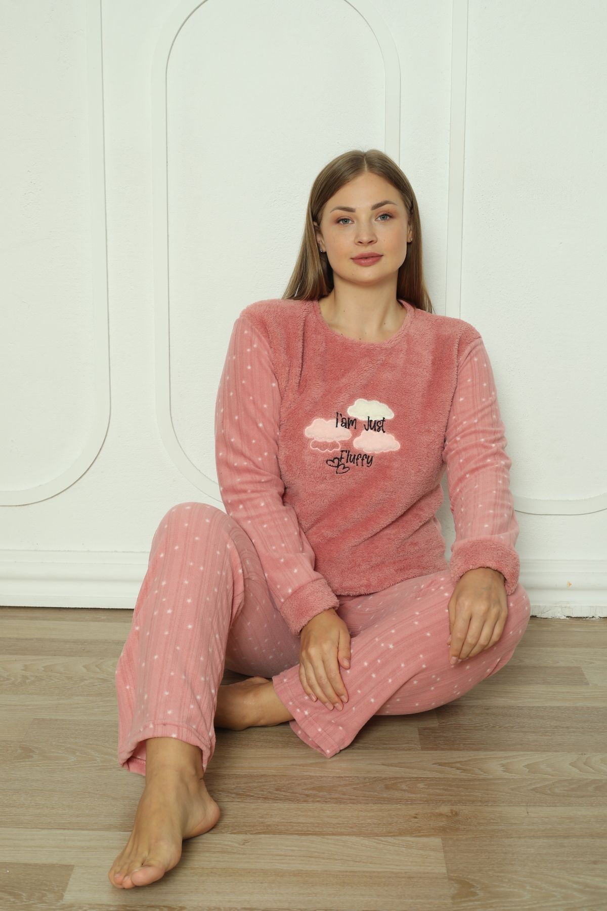 Wordex-Set de pijamale pentru femei Fawn 3501 Plush Welsoft Fleece Winter Cloud Print Plus Size 4