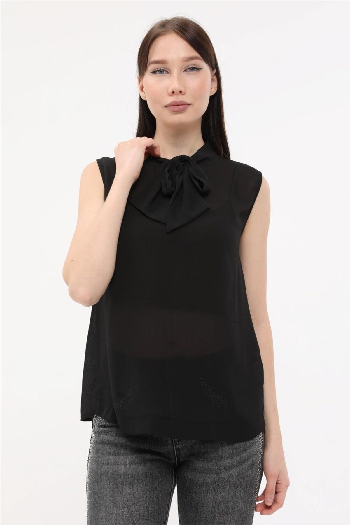 HomeStore-Bluse mit Schleife, Schnürung, Stehkragen, ärmellos – Schwarz 1