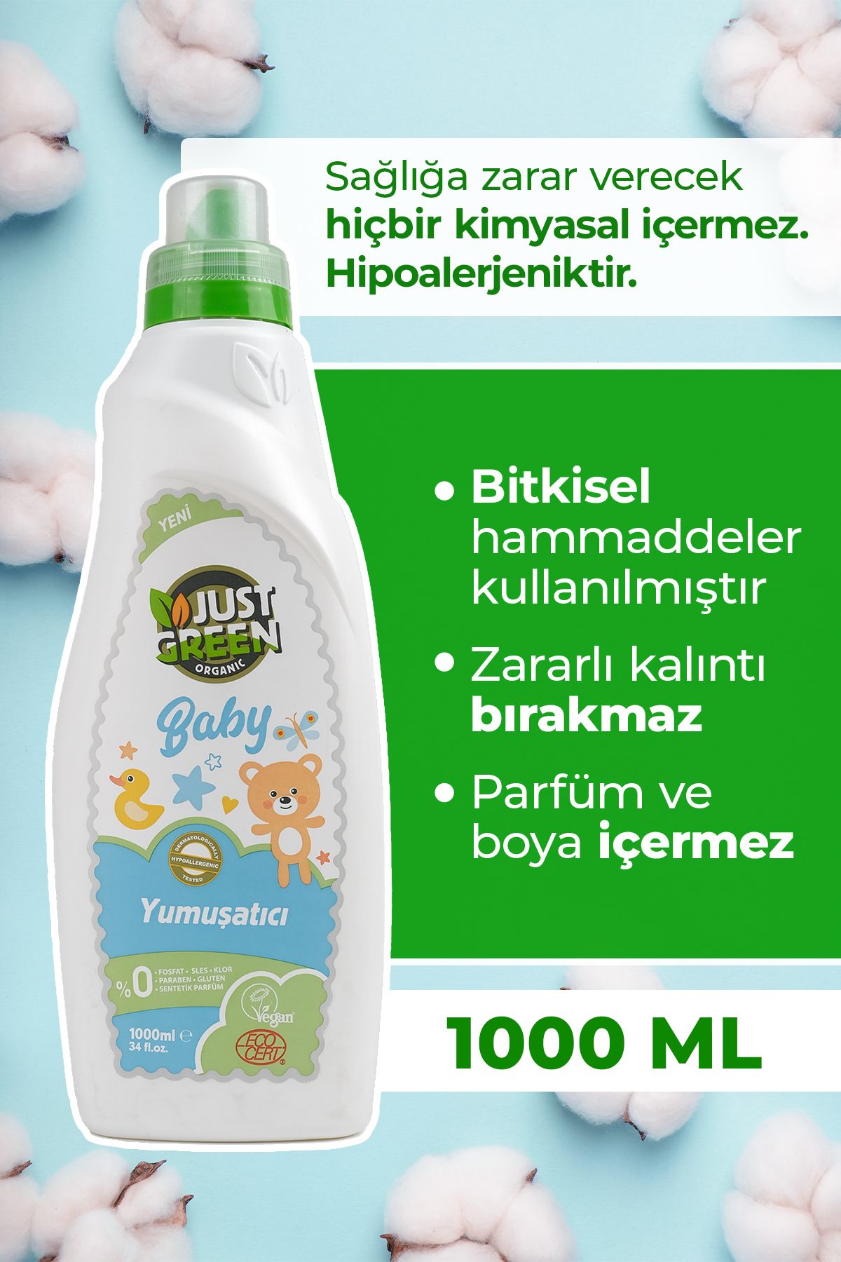 Just Green Organic Baby Çamaşır Yumuşatıcı - Bebekler Için %100 Doğal Ve Hassas Yumuşaklık (1000 ML) Yerli Üretim