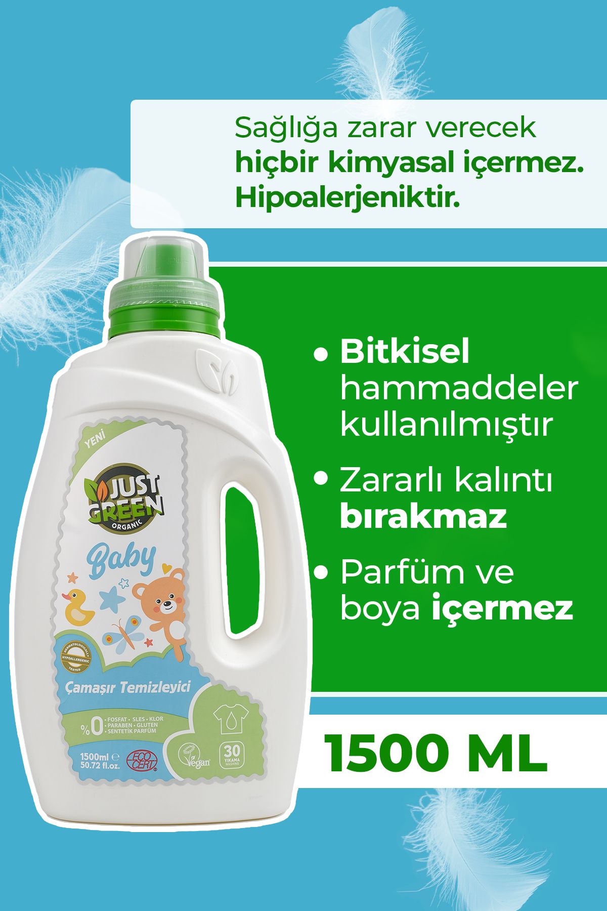 Just Green Organic Bebek Çamaşır Deterjanı,baby Çamaşır Temizleyici,bebekler Için %100 Doğal Ve Hassas Temizlik,1500 ml