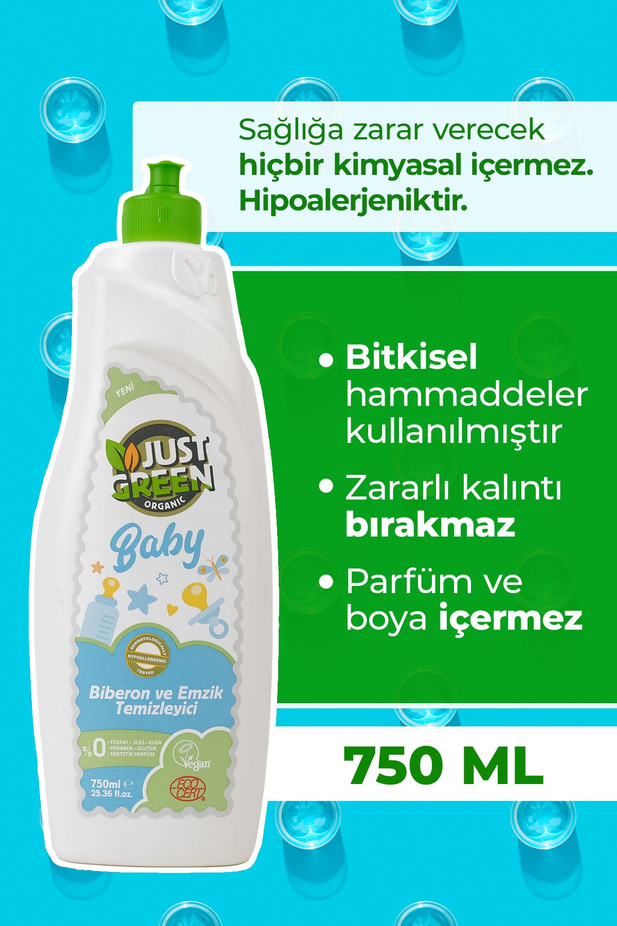 Just Green Organic Baby Biberon Ve Emzik Temizleyici - Bebekleriniz Için Doğal Ve Güvenli Temizlik %100 Doğal (750 ML)