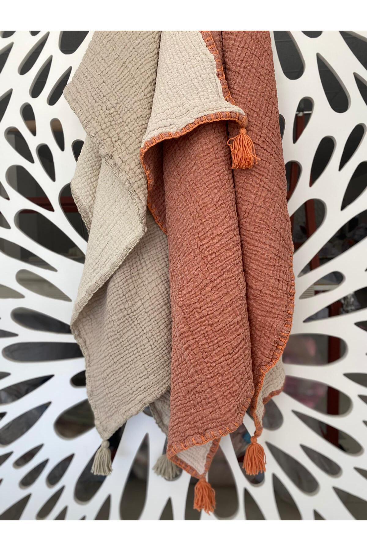 YASEMİNİNEVİ Kiremit - Ekru Bebek Müslin Örtü 100% Pamuk 4 Katlı Müslin fotoğrafı 2 (önizleme)