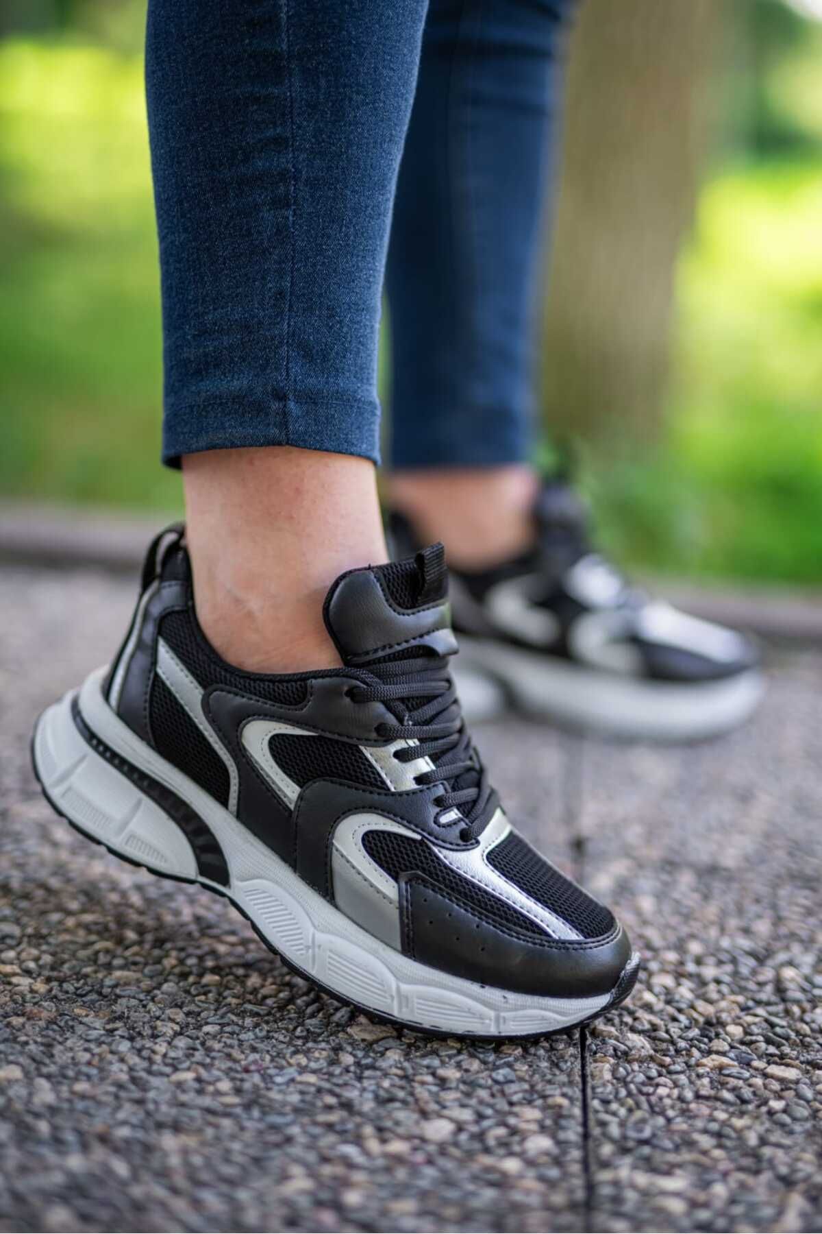 BİKAJOO Kadın Siyah Şimşek Ortopedik Günlük Sneaker Spor Ayakkabı BKJ1002