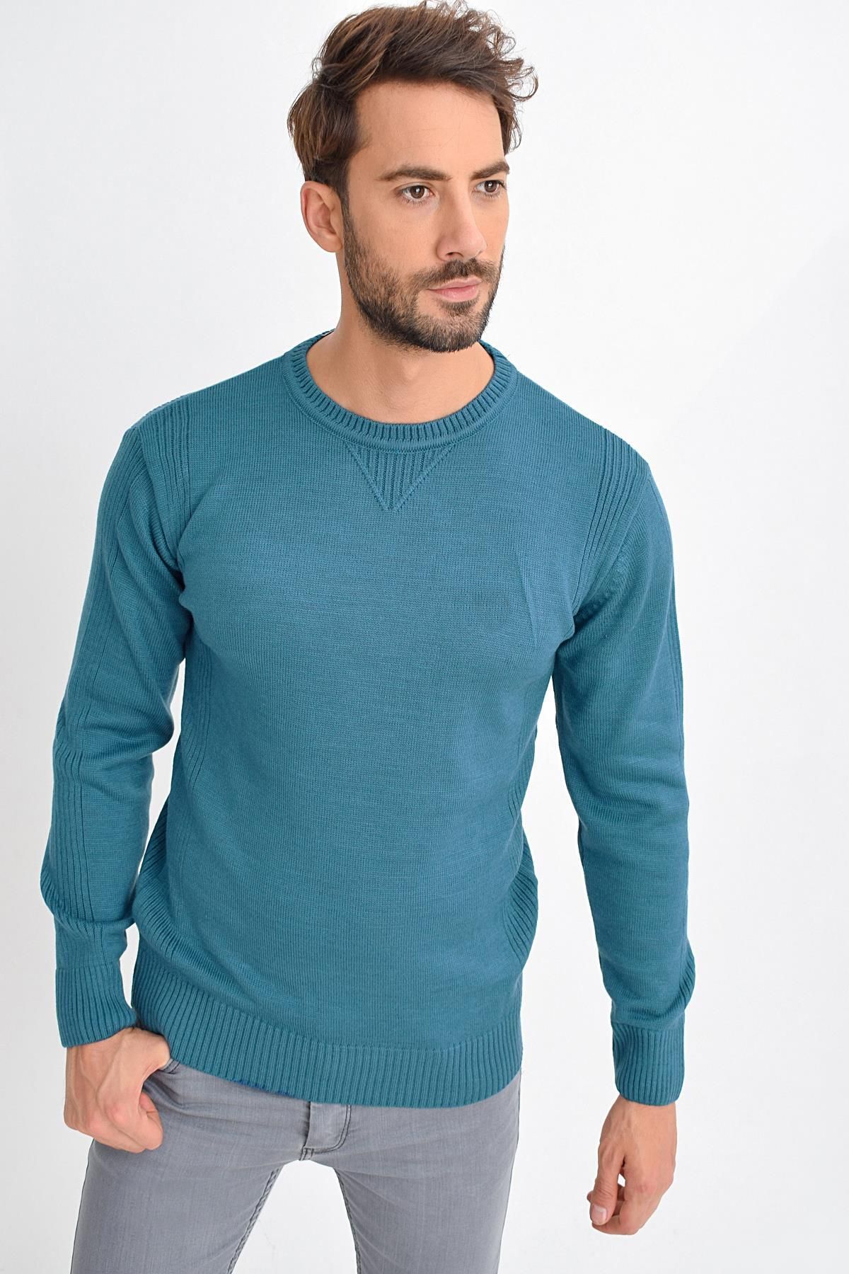 TENA MODA-Men's Petrol Crew Neck Basic Knitwear Sweater 7