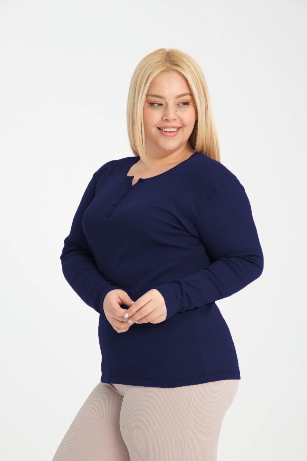 BANEGA-Curve Plus Size Cotton Lycra Crew Neck Button Detailed Basic Plain Navy Blue Blouse 4