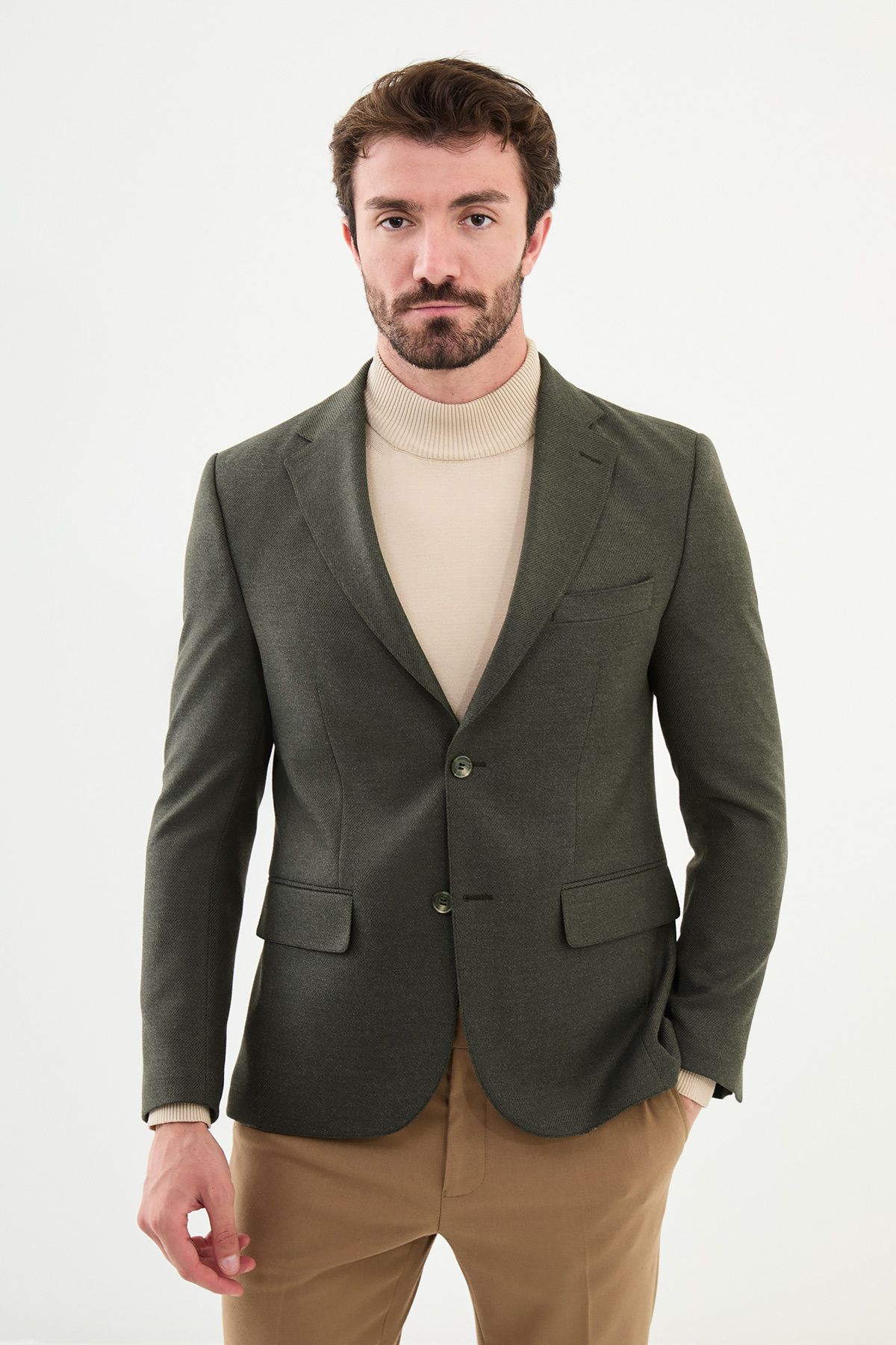 Mcr-Gestreifte Khaki Slim Fit Mono Kragen Klassische Wolljacke für Männer 3