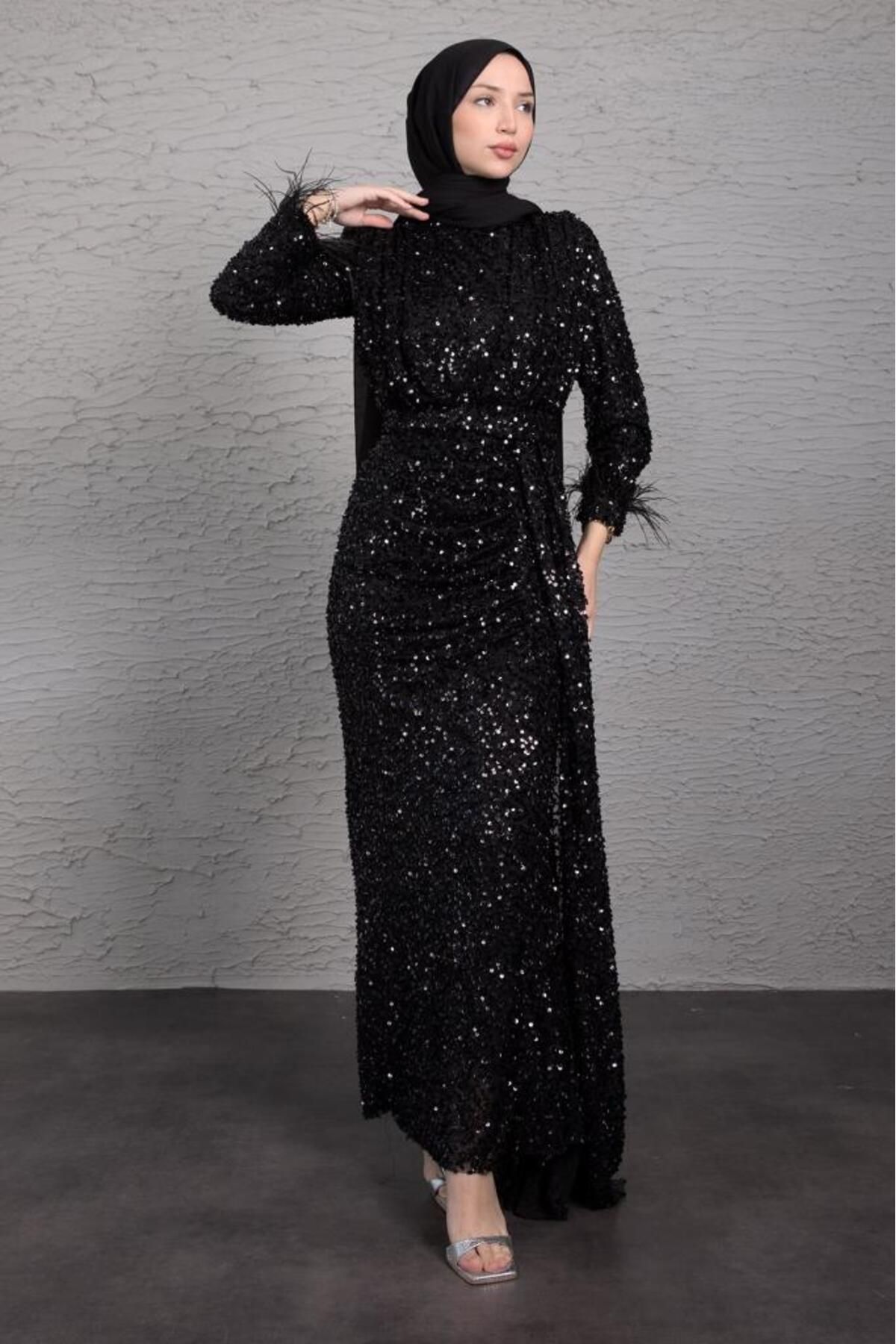 Lamia Giyim-Black Hijab Evening Dress - Sparkle Sequined and Piece Detailed 3