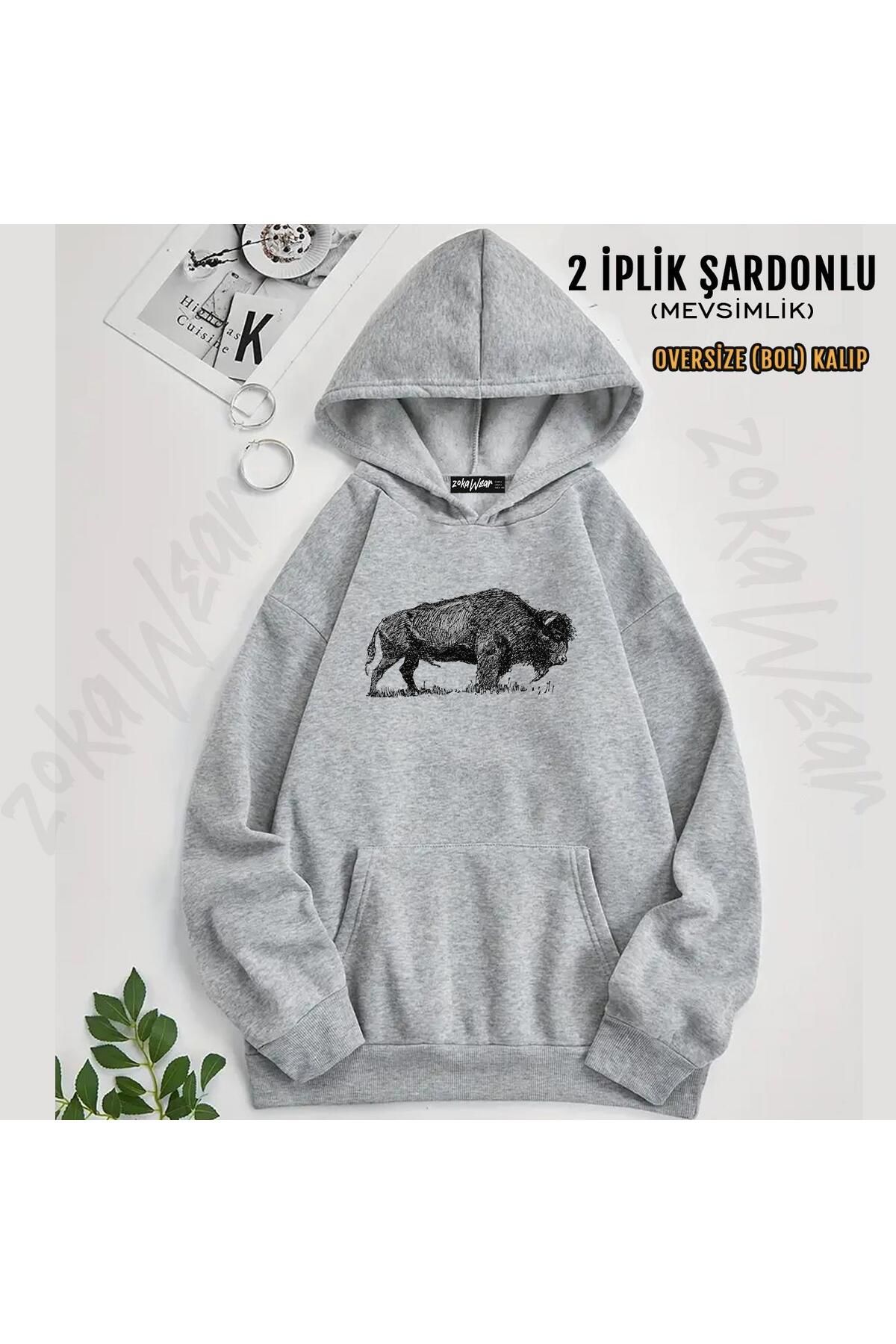 ZOKAWEAR Buffalo Bison Familly - Hanorac Supradimensionat Cu Glugă (2 Fire) Unisex - S/M