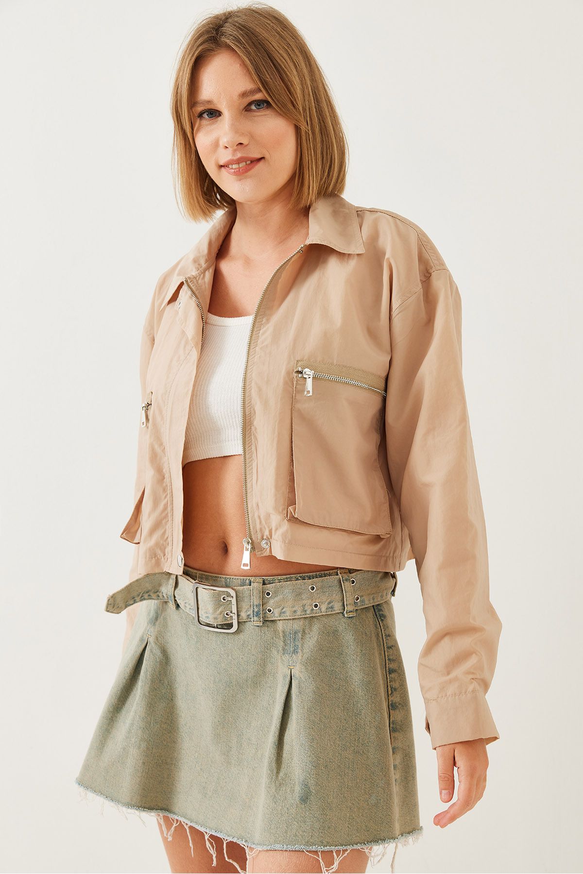 Bianco Lucci-Women's Bellows Pocket Parachute Fabric Crop Jacket 2403 60351152 6