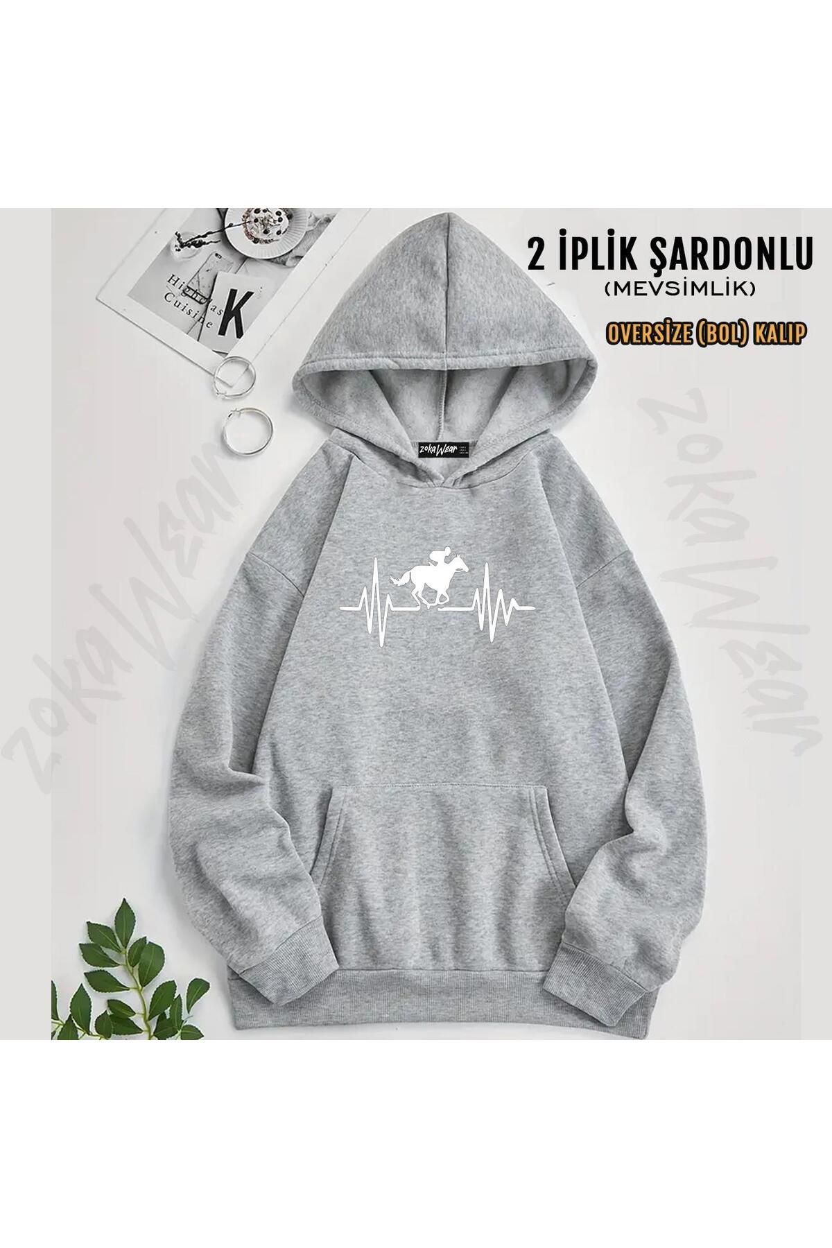 ZOKAWEAR At Yarışı Horse Race Baskılı Kapüşonlu Oversize Sweatshirt (2 İplik)