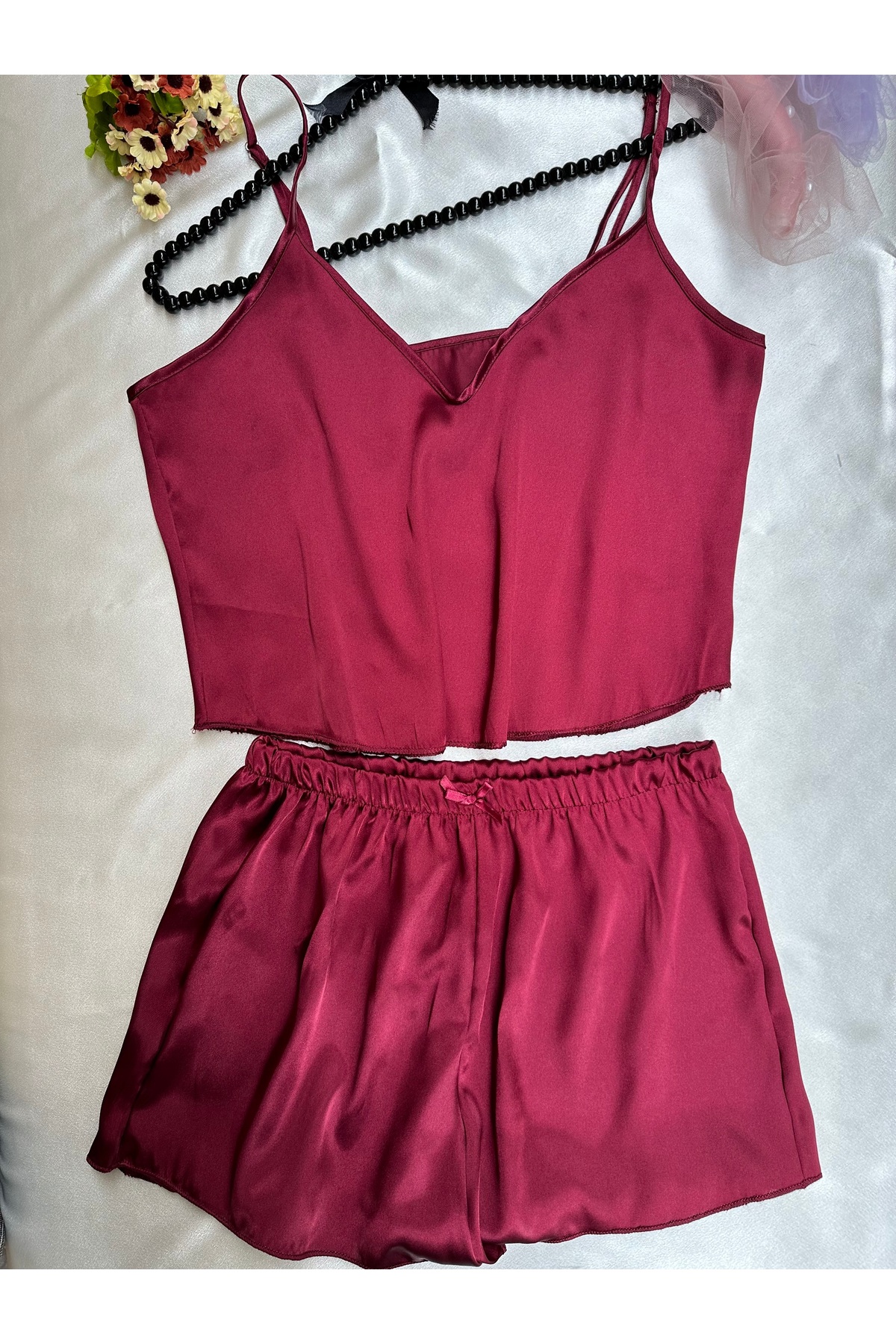 lenastella Bordo Saten Takım Gecelik