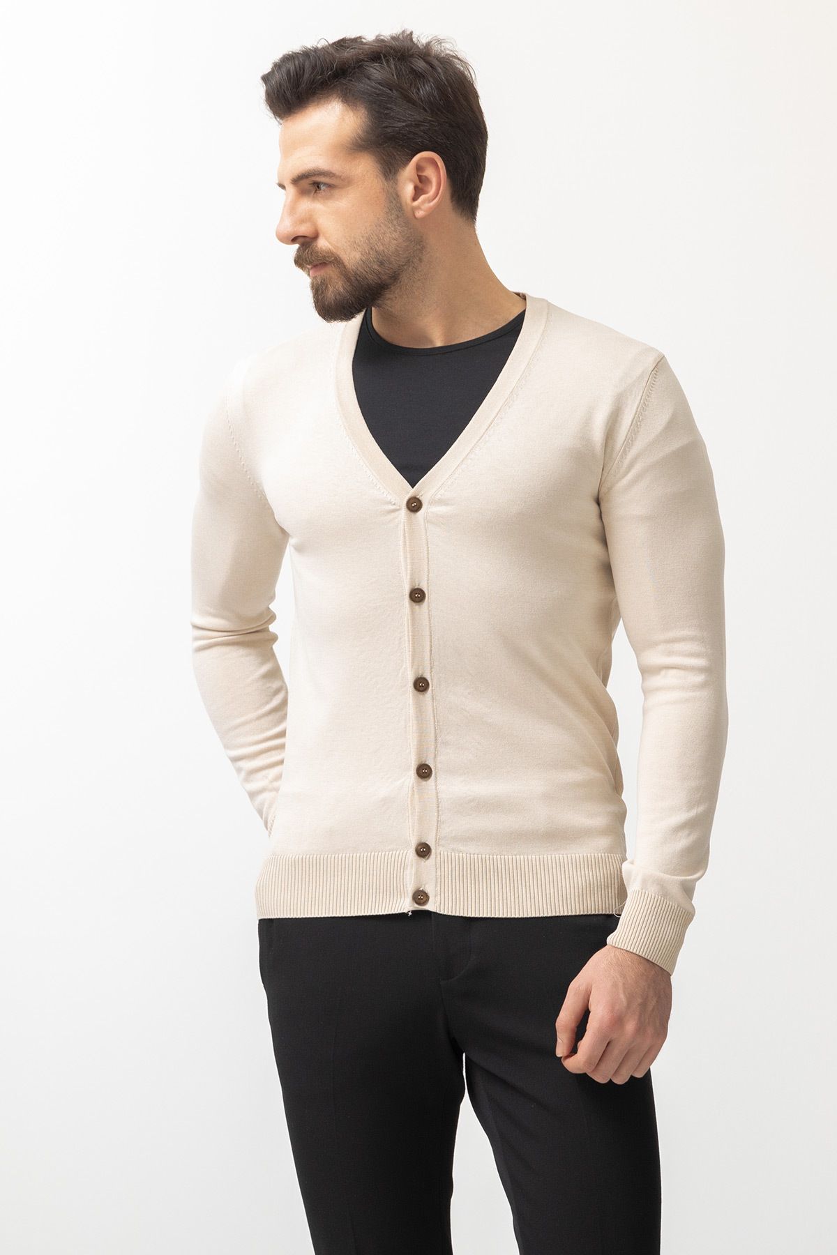 Mcr-Plain Beige Slim Fit Buttoned Knitwear Men's Cardigan 4