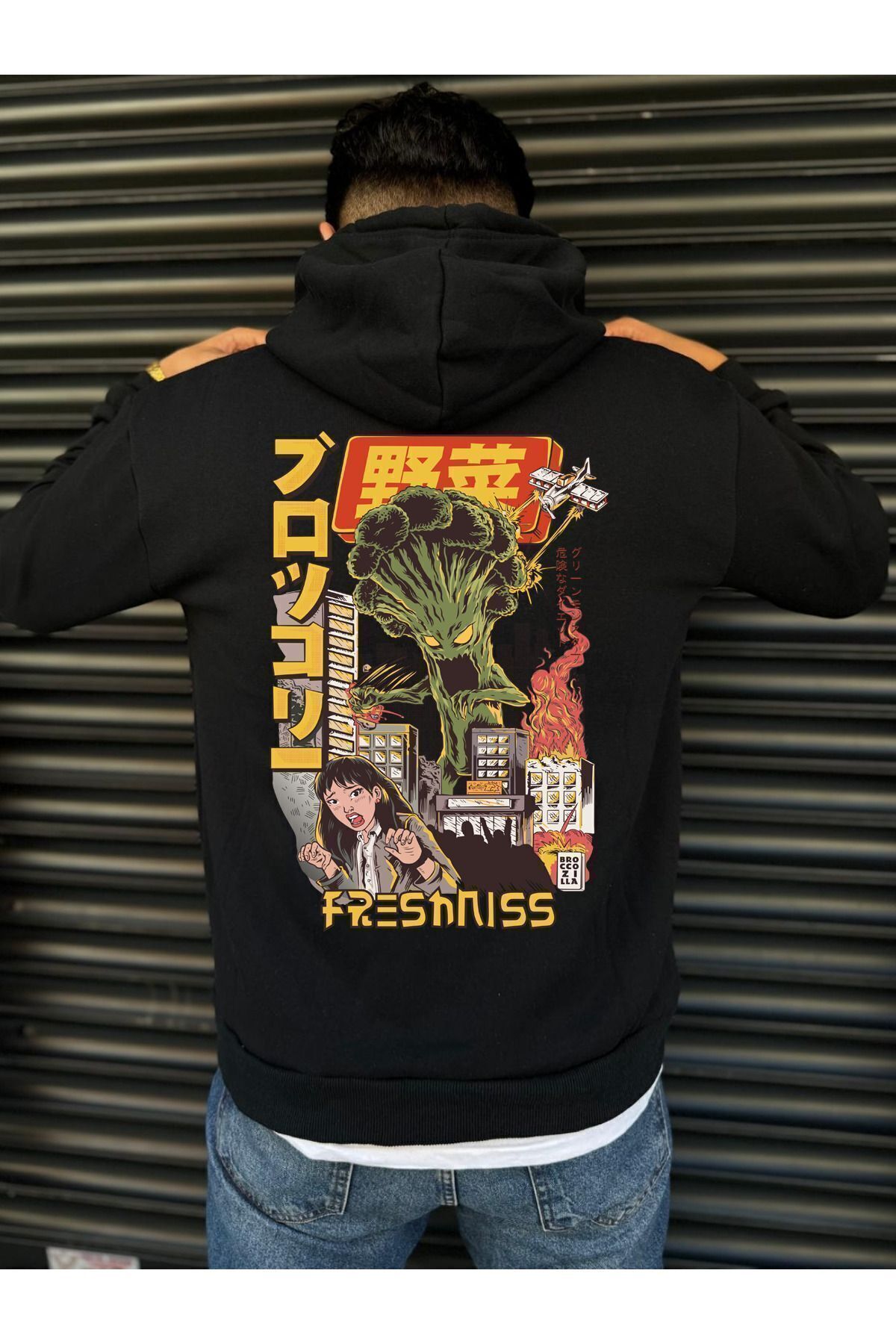 DEEPSENCE-Black Broccoli Printed Hooded Men's Sweatshirt 3