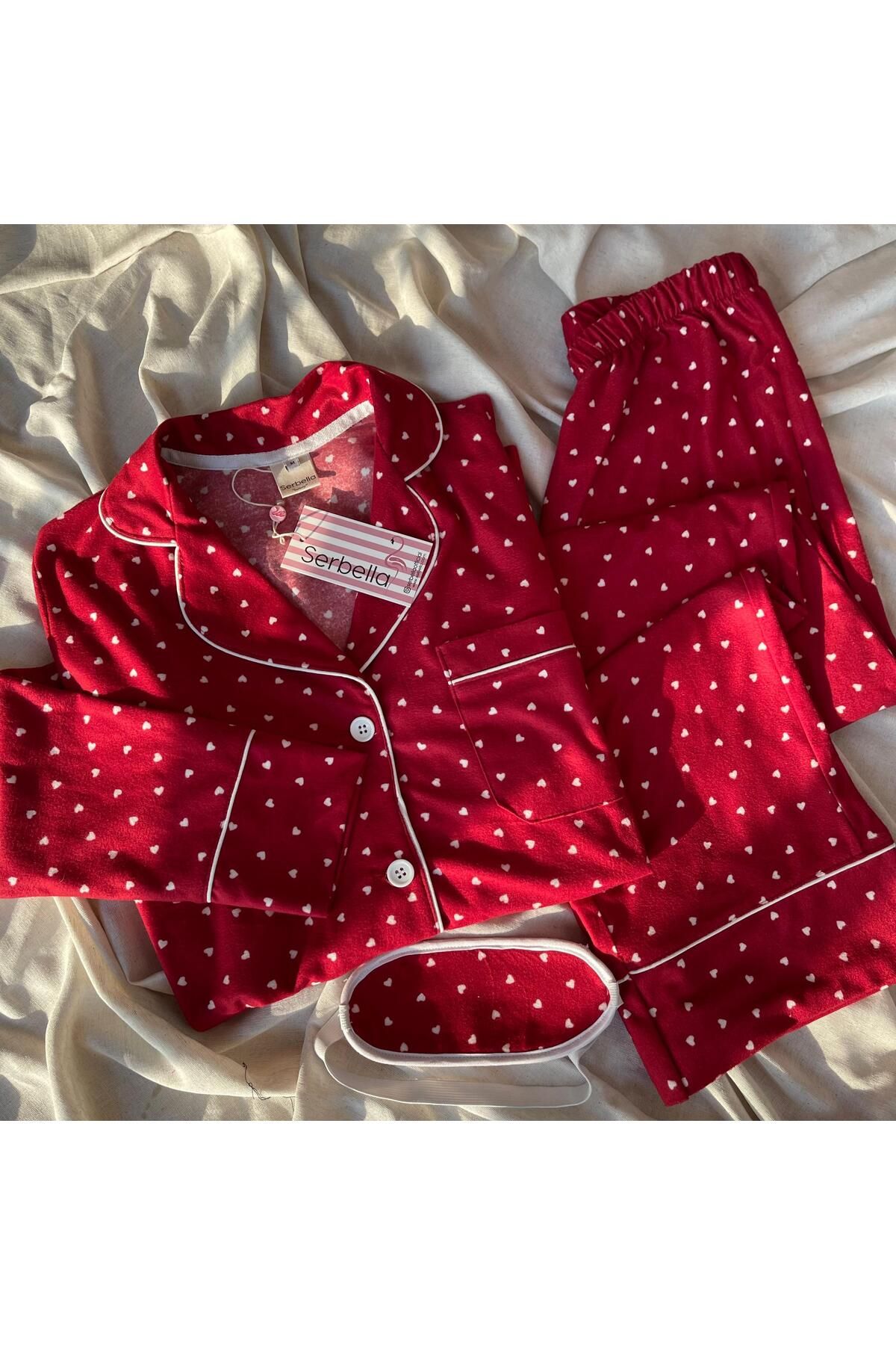 Serbella-Red Heart Patterned Knitted Flannel Pajama Set 3