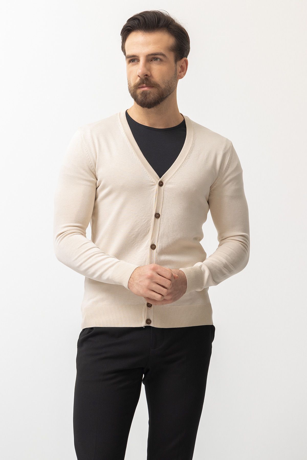 Mcr-Plain Beige Slim Fit Buttoned Knitwear Men's Cardigan 3