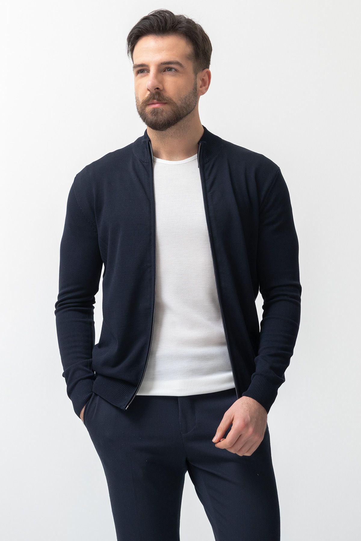 Mcr-Navy Blue Slim Fit Men's Cardigan - Half Turtleneck 3