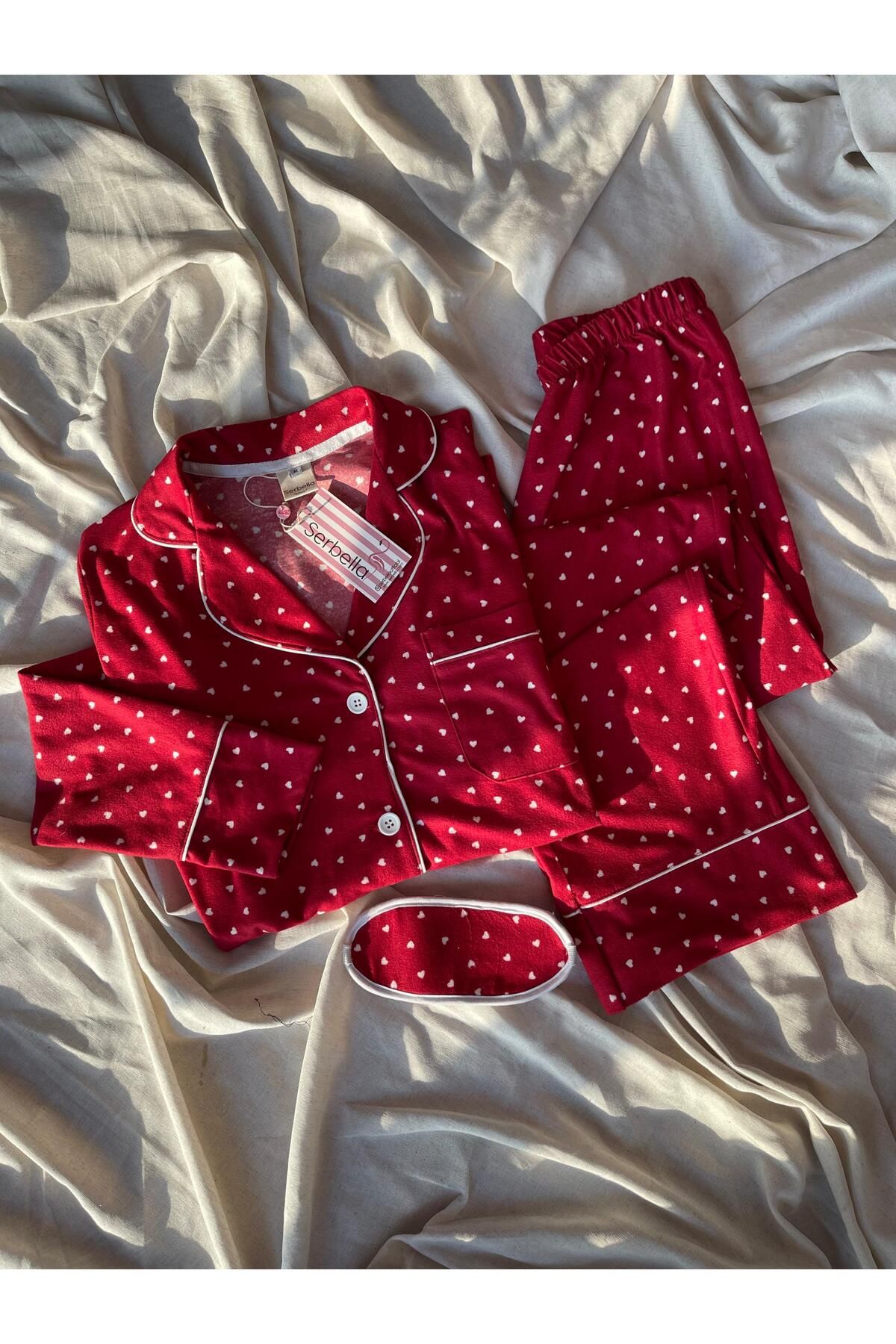 Serbella-Red Heart Patterned Knitted Flannel Pajama Set 5