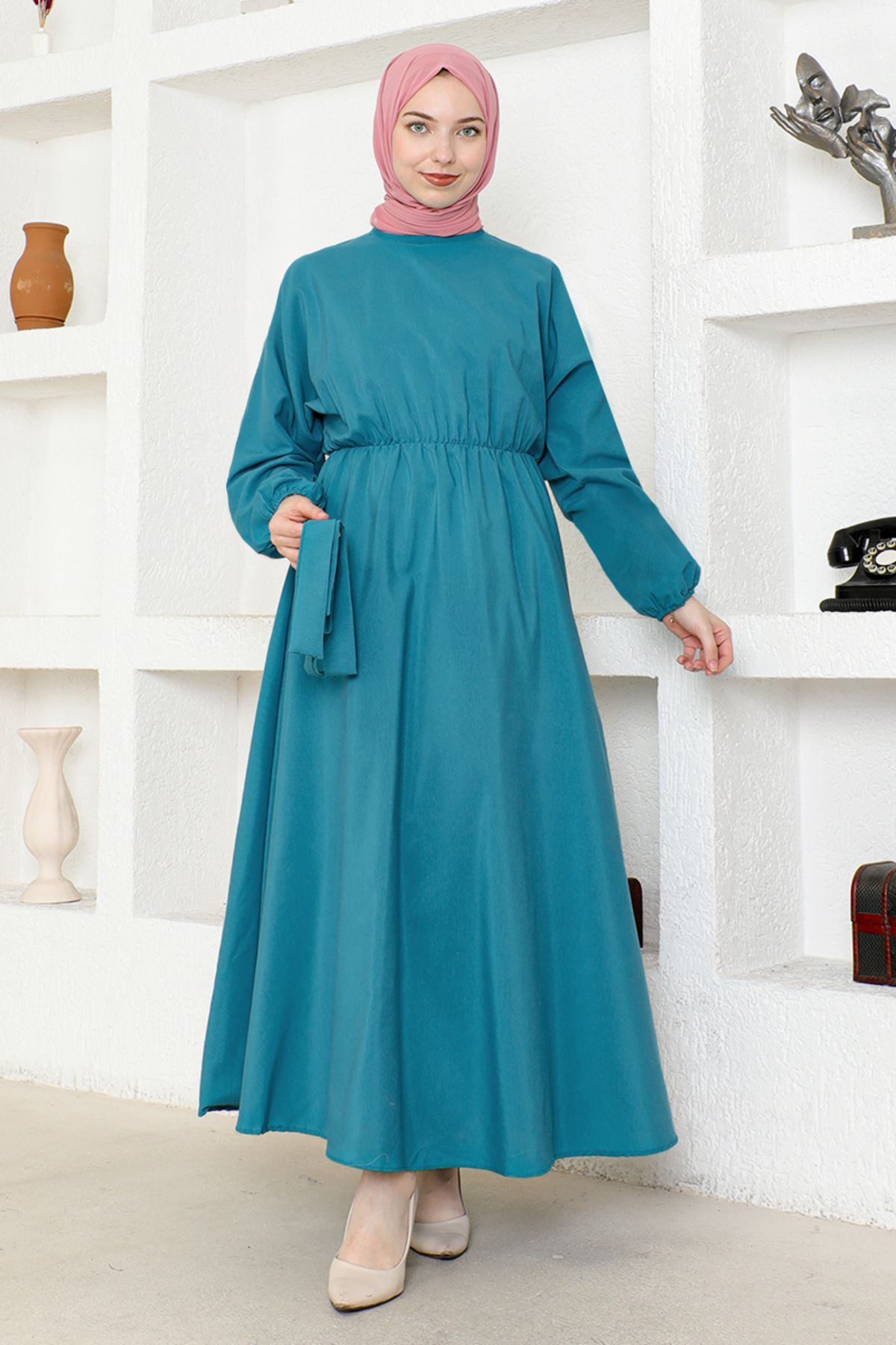 ModaMerve-Petrol Colored Belted Dress - End5415 3