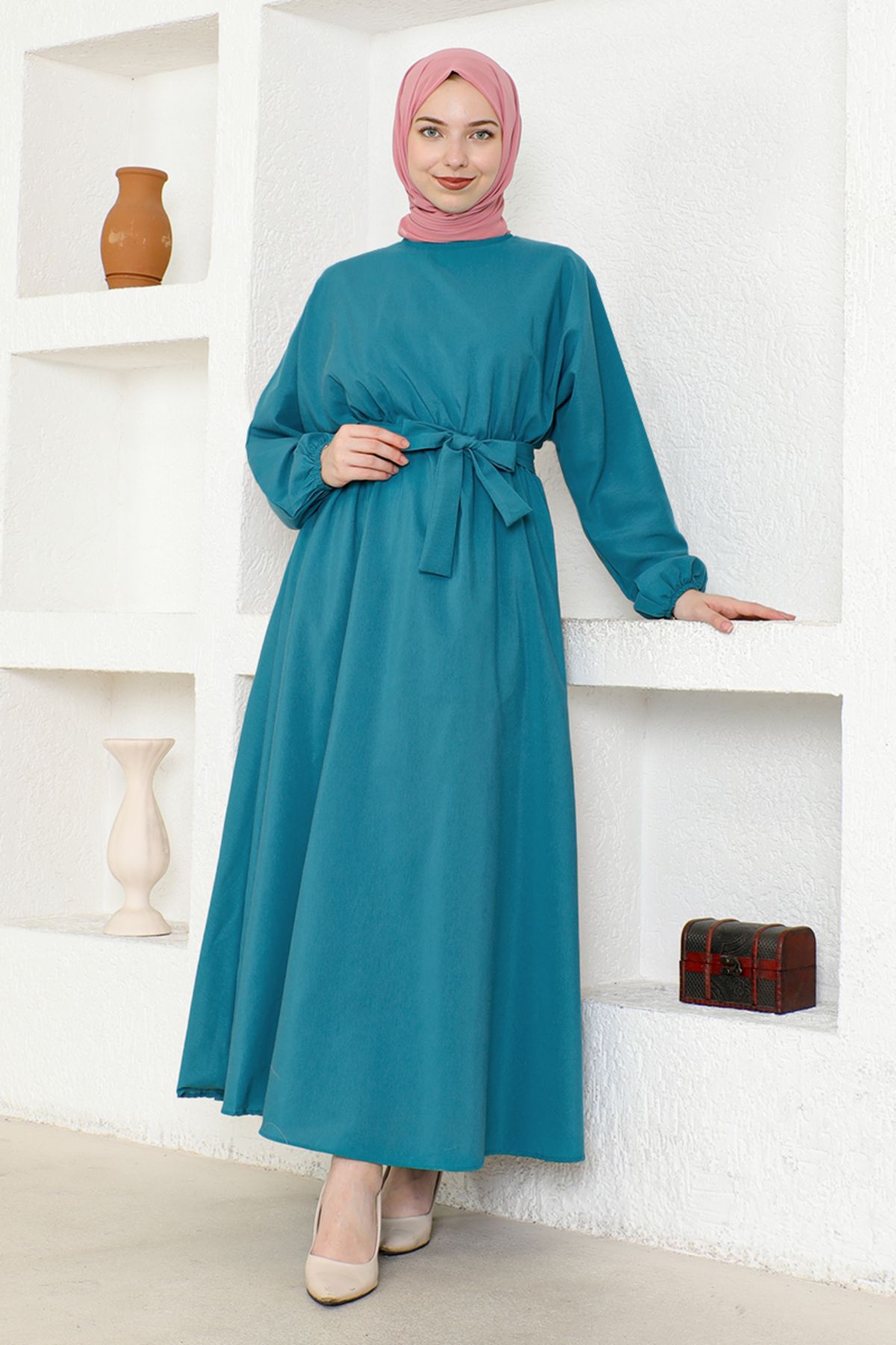 ModaMerve-Petrol Colored Belted Dress - End5415 2