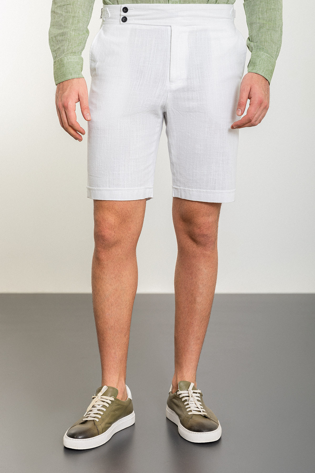 Mcr Düz Super Slim Fit Kemerli Keten Erkek Şort Beyaz - 18106.24Y