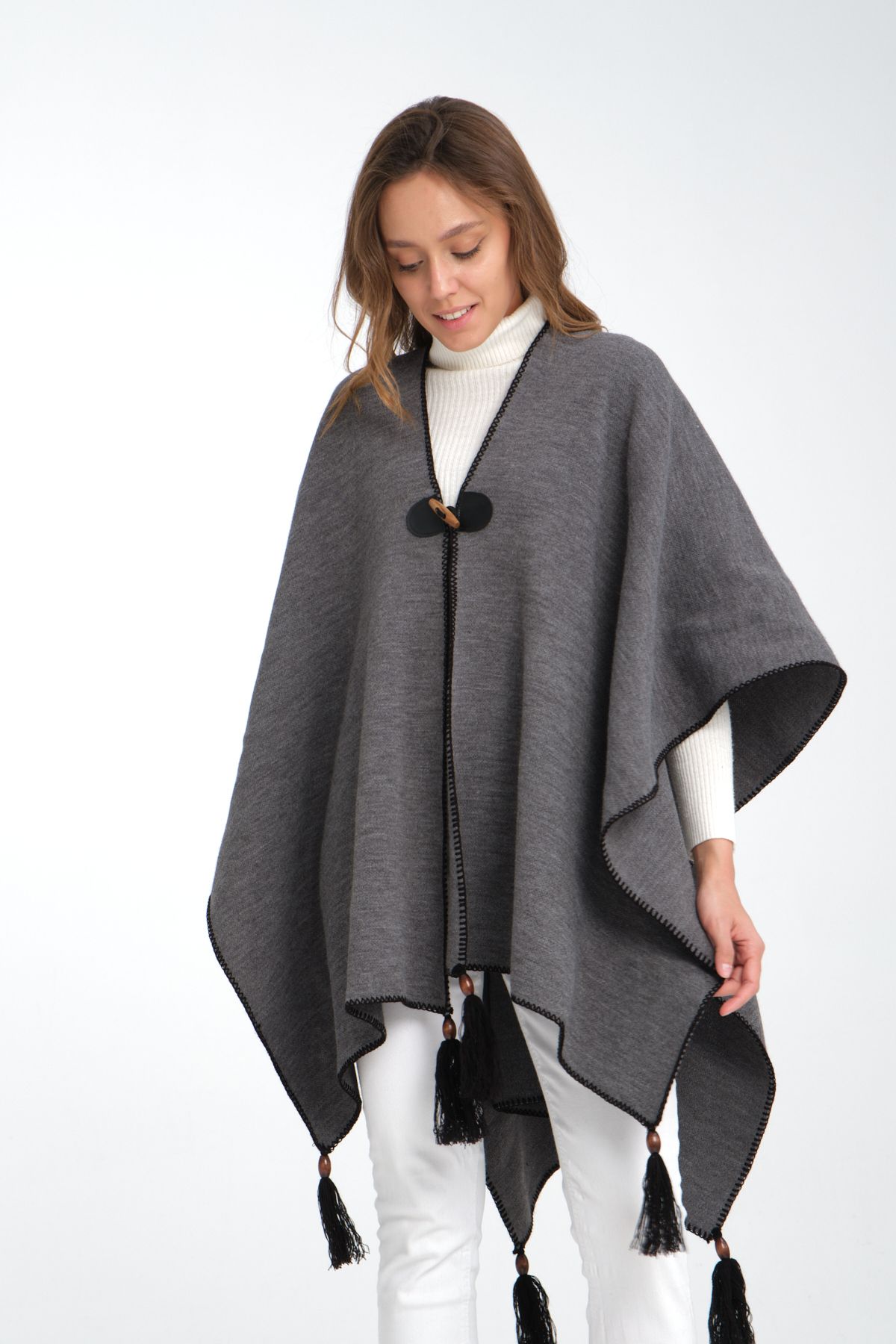 Wega Moda-Plain Knitwear Fisherman Stitched Button Detailed Stylish Designed Poncho, Poncho, Plain Patternless Shawl Poncho 4