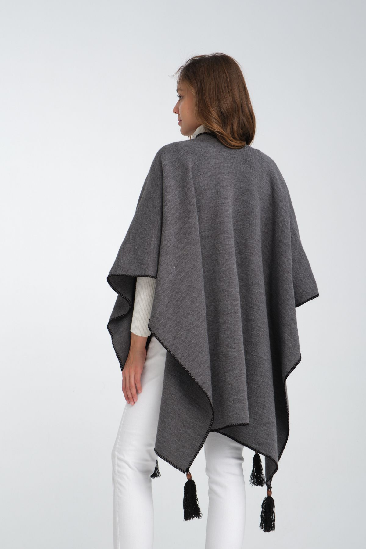 Wega Moda-Plain Knitwear Fisherman Stitched Button Detailed Stylish Designed Poncho, Poncho, Plain Patternless Shawl Poncho 7