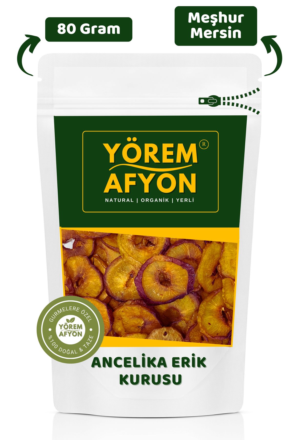 Gülçehre Yörem Afyon Meşhur Mersin %100 Meyve Glütensiz Besleyici Halka Ancelika Erik Kurusu, Cips | 80Gr.