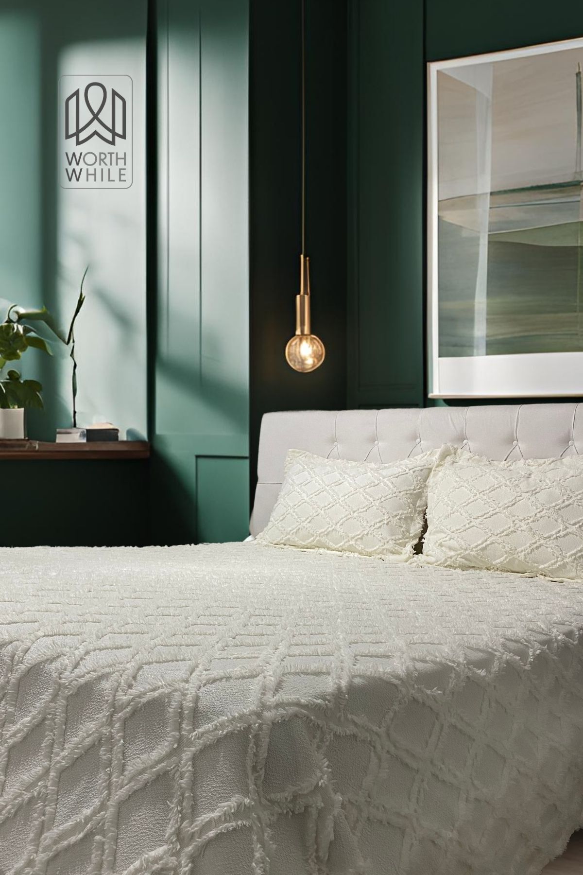 WorthWhile-Diamond Patterned Double Chenille White Bedspread Set Pique Set of 3 1