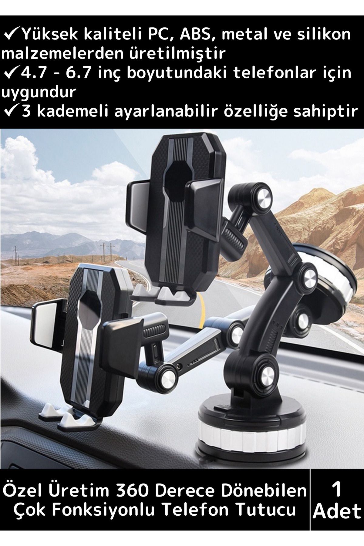 Premium Kompakt 4.7-6.7 İnç 360 Derece Dönebilen Ayarlanabilir 3 Kademeli Çok Amaçlı Telefon Tutucu