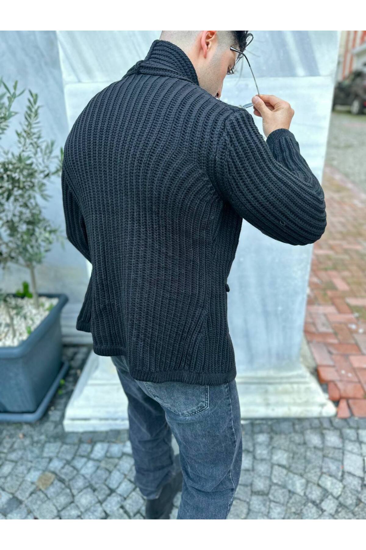 ژاکت بافتنی ضخیم شال یقه دار پانچو جیب دار بدون بسته شدن — مشکی HIRKA2902-DEK — تصویر 3 از 7