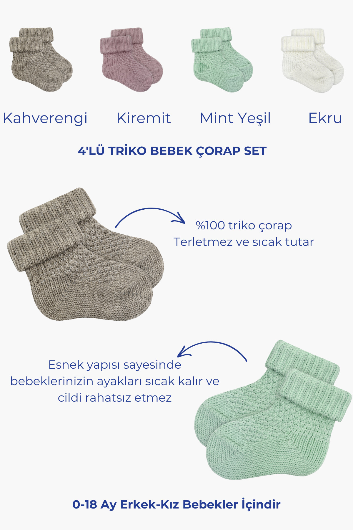 Little Jom Bebek Çorap 4'lü Set, %100 Organik Triko Bebek Çorap 0-18 Ay fotoğrafı 2 (önizleme)