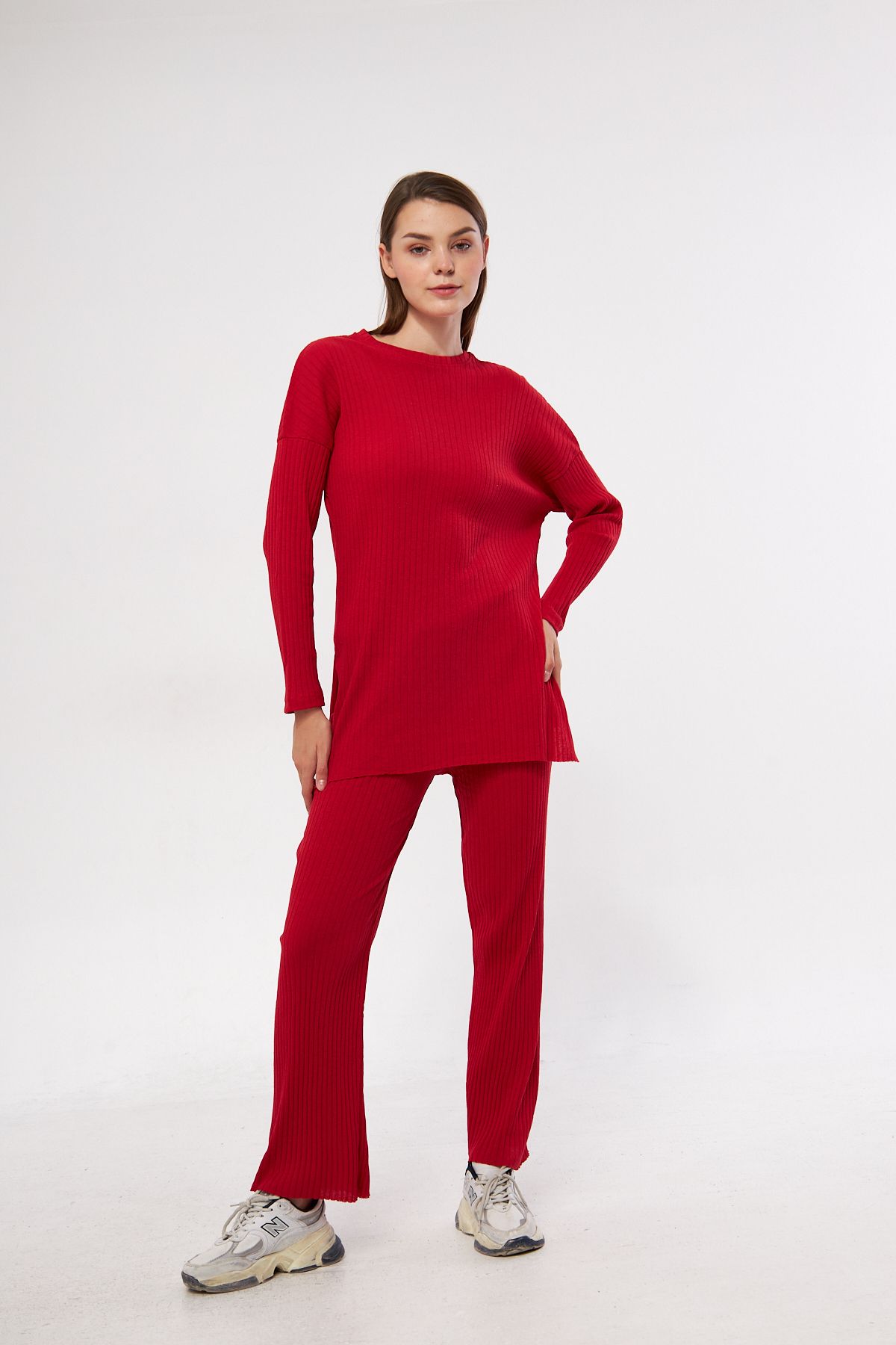 Oyga-Women's Red Women's Ribbed Report & Sweatpants, Casual Home Wear Pajamas Set 1