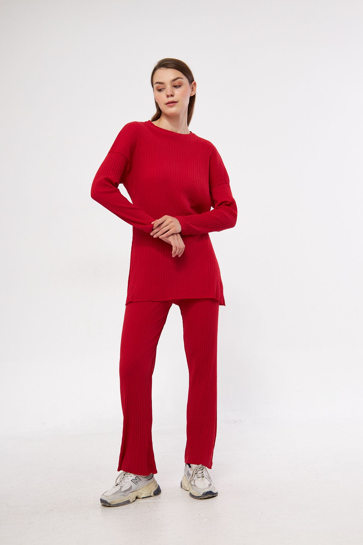 Oyga-Women's Red Women's Ribbed Report & Sweatpants, Casual Home Wear Pajamas Set 5