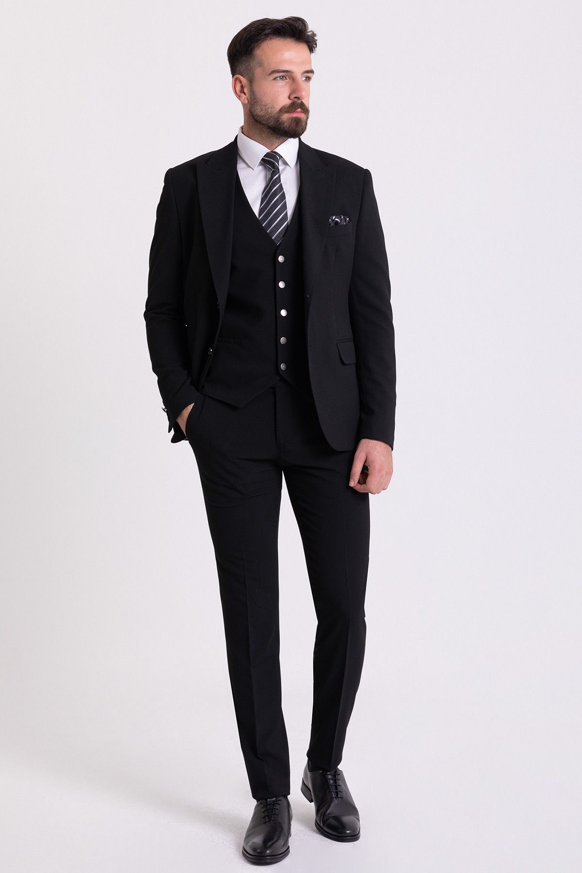 Mcr Düz Siyah Slim Fit Mono Yaka Klasik Erkek Takım Elbise