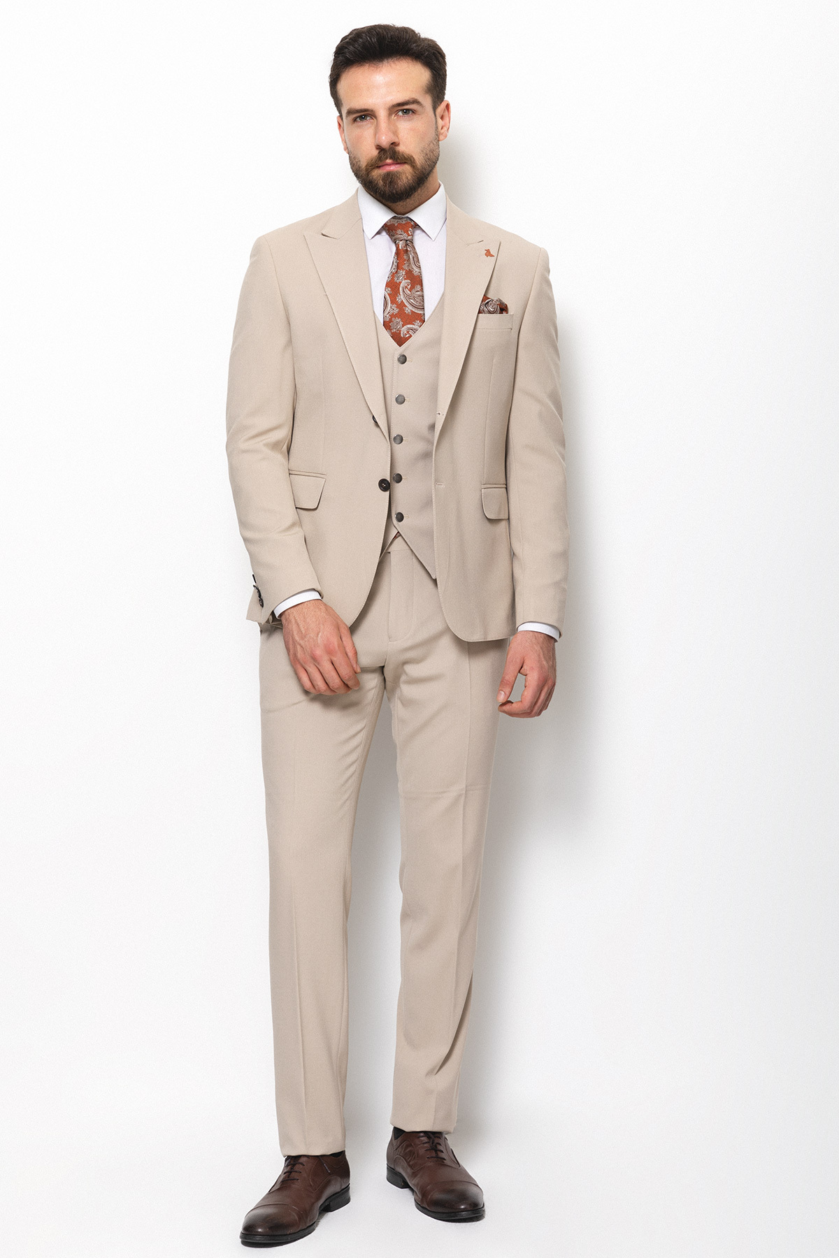 Mcr Straight Slim Fit Mono Collar Classic Men's Suit Beige - 40761.21Y