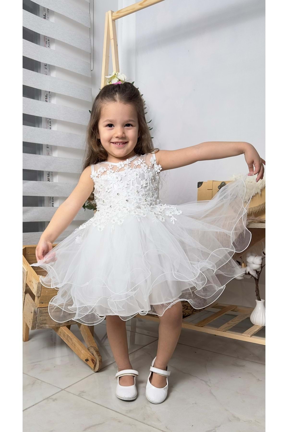 Mnk Baby&Kids İncili Kız Çocuk Daisy Elbise MNK0585 BEYAZ fotoğrafı 2 (önizleme)