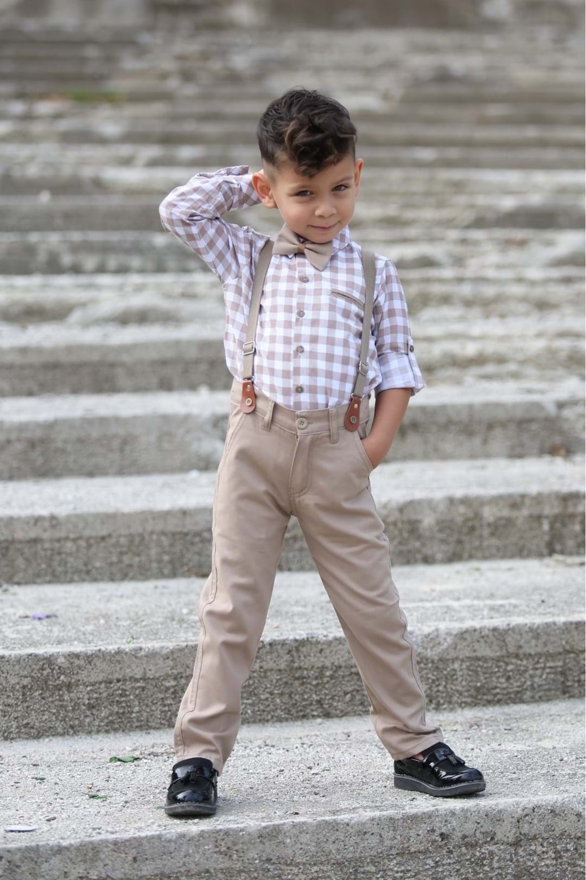 Mnk Baby&Kids Plaid Pattern Gabardine Trousers Suspender Children's Suit Mnk0436 Beige