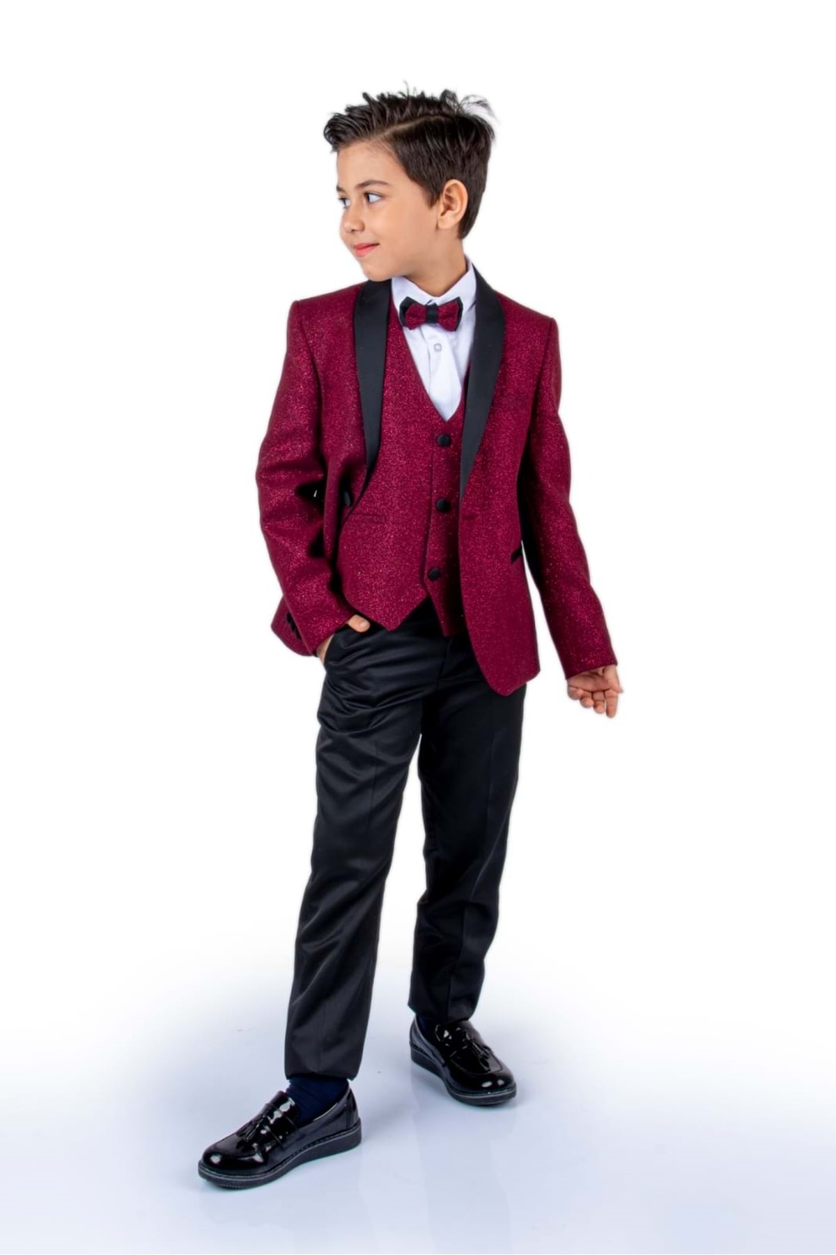 Mnk Baby&Kids Boy's Groom Suit with Glitter Jacket and Vest Mnk0501 Bordo