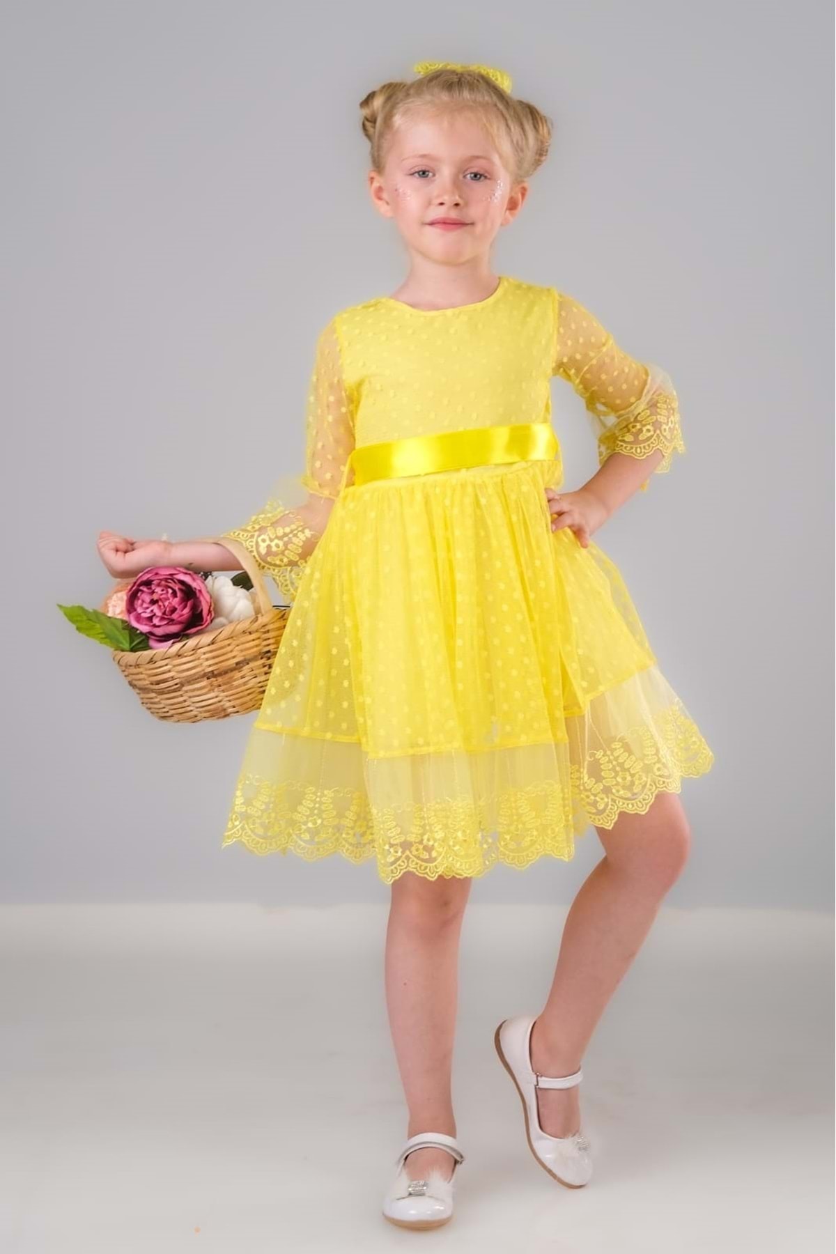 Mnk Dream Luxury Dantel Kız Çocuk Elbise MNK0327 SARI fotoğrafı 2 (önizleme)