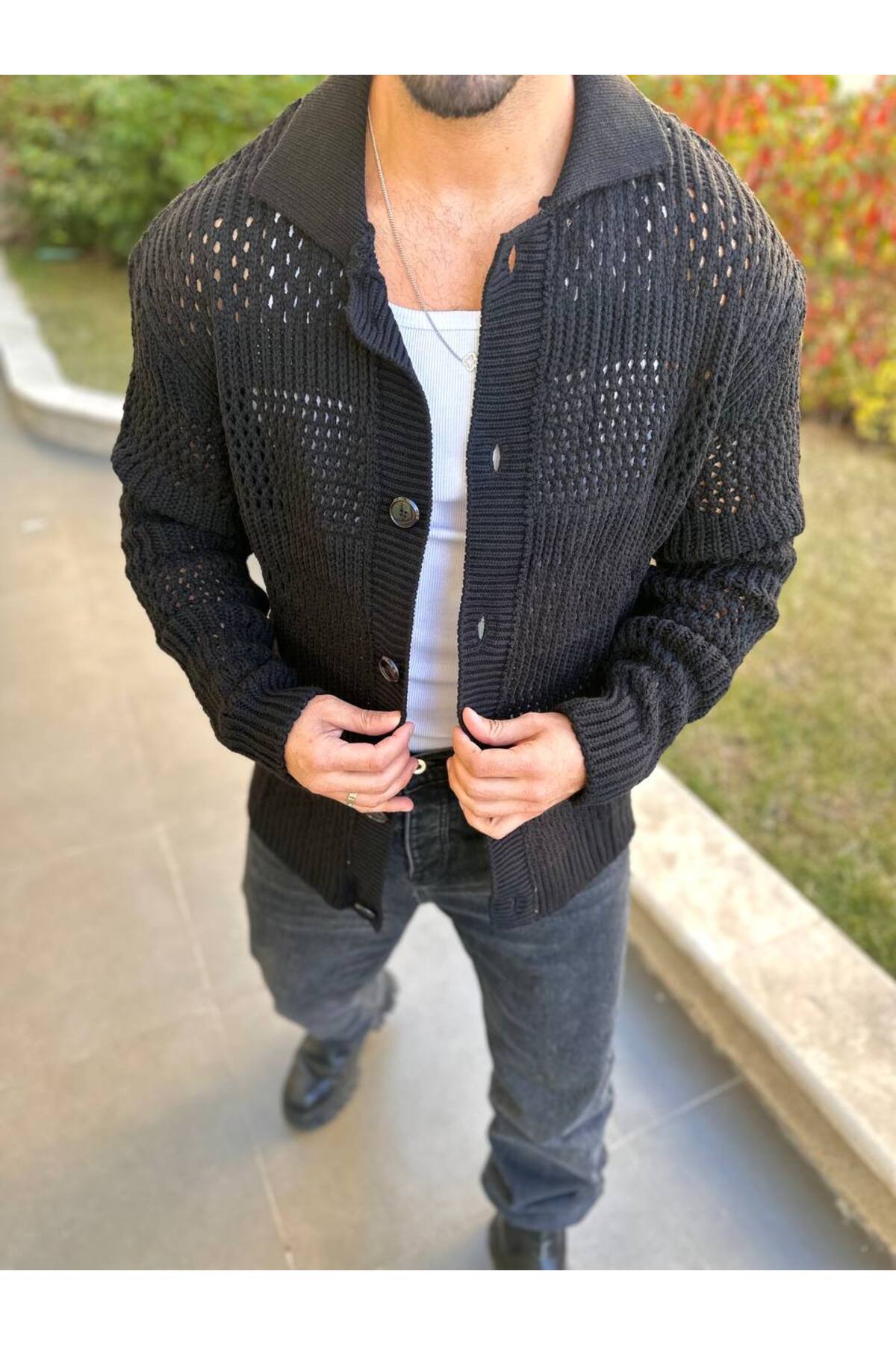 Hırka Oversize Özel Örgülü Triko Desenli Salaş Örgü Tasarım Delikli Hırka — مشکی HIRKA7192-DEK — تصویر 7 از 7