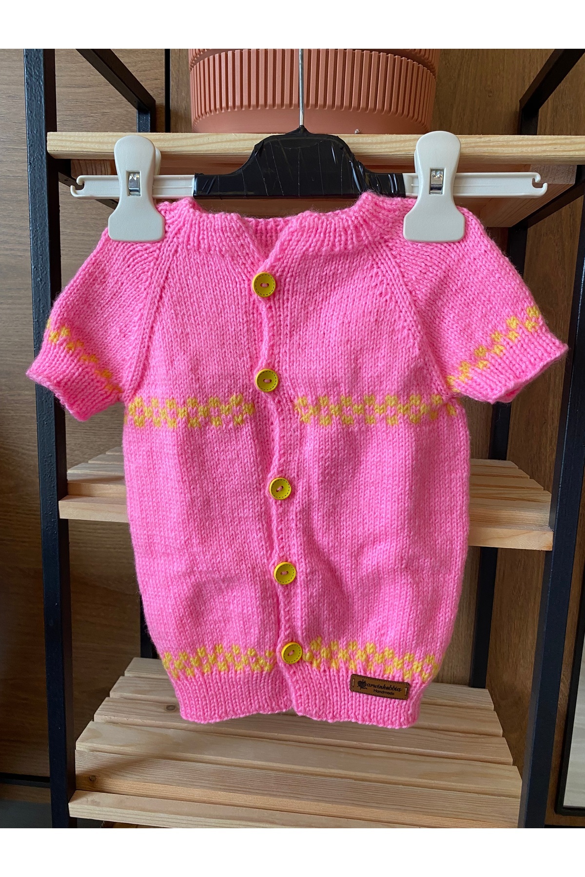 Handmade Pembe-Sarı Çizgili Kız Çocuk Yelek 0-6 Ay fotoğrafı 4 (önizleme)