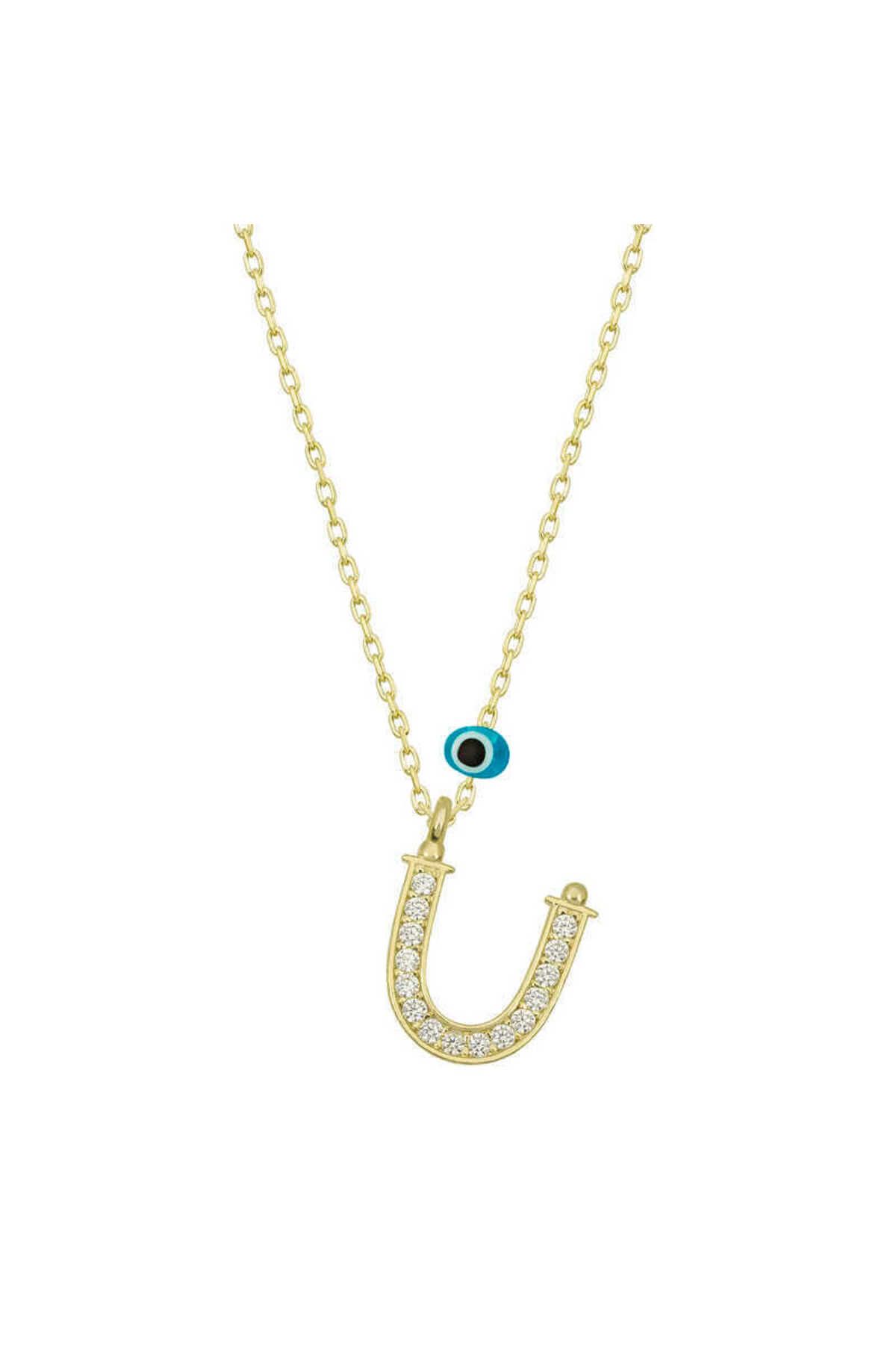 musellife 925 Ayar Gümüş Nazar Gold Ü Harfi Kadın Gümüş Kolye (T6799) (491491)