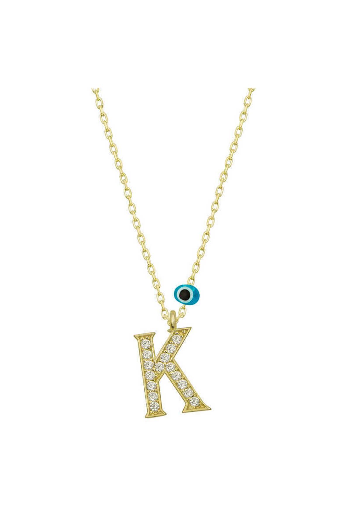 musellife 925 Ayar Gümüş Nazar Gold K Harfi Kadın Gümüş Kolye (T6787) (491491)
