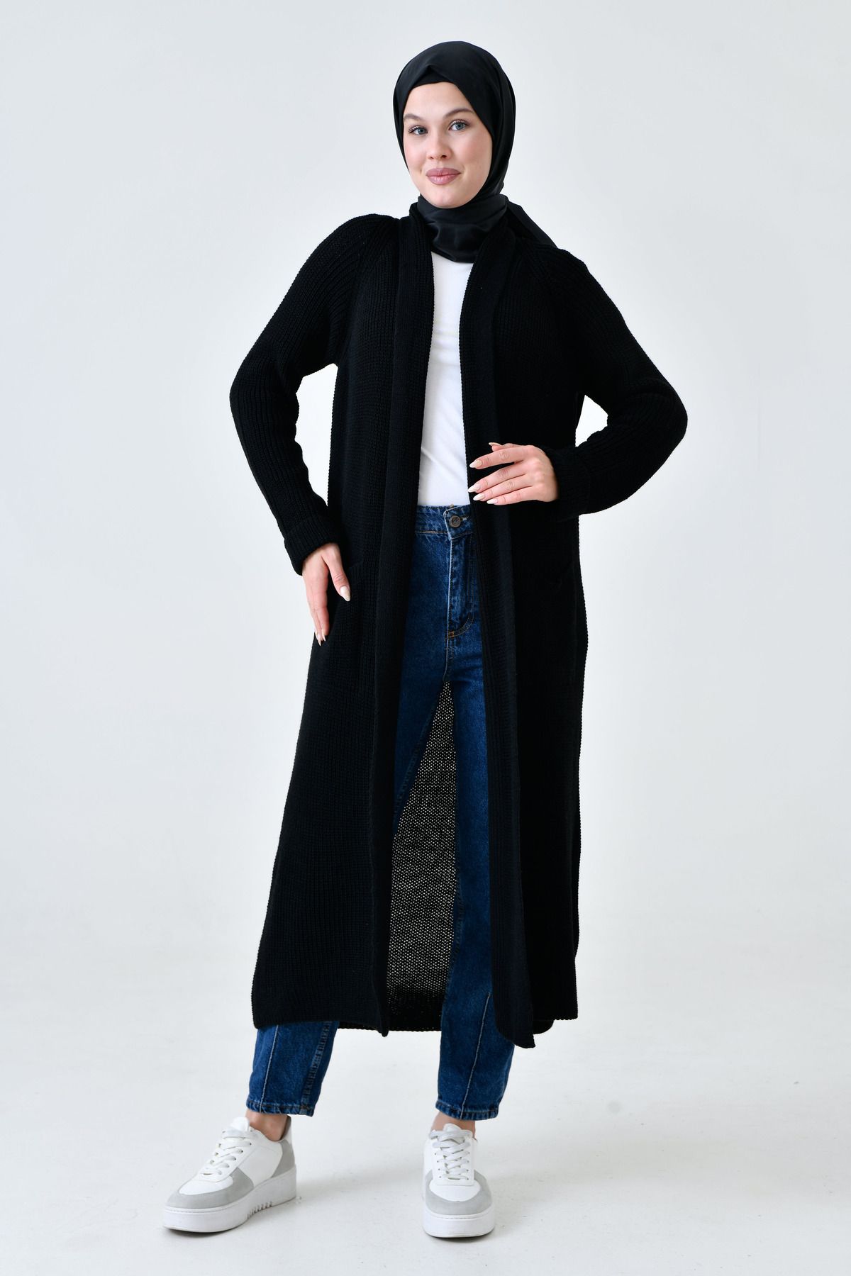 lovebox-Black Knitwear Hijab Clothing Cardigan - Double Pocket, Shawl Collar, Long - 5001 4