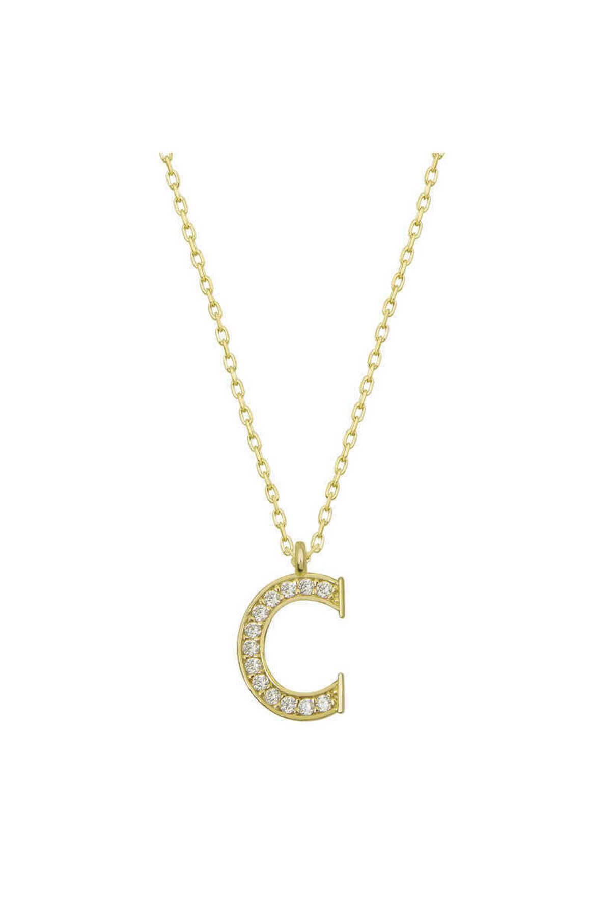 musellife 925 Ayar Gümüş Gold C Harfi Kadın Gümüş Kolye (T6608) (491491)