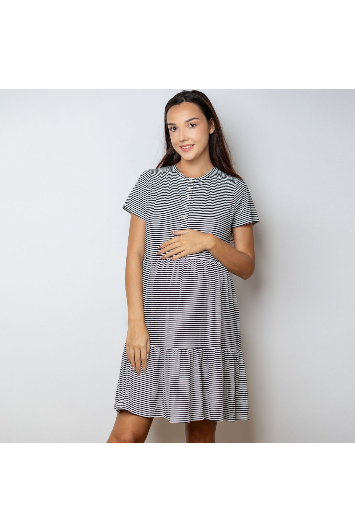 Aadaraya-Striped Maternity Sleepshirt with Short Sleeves 4