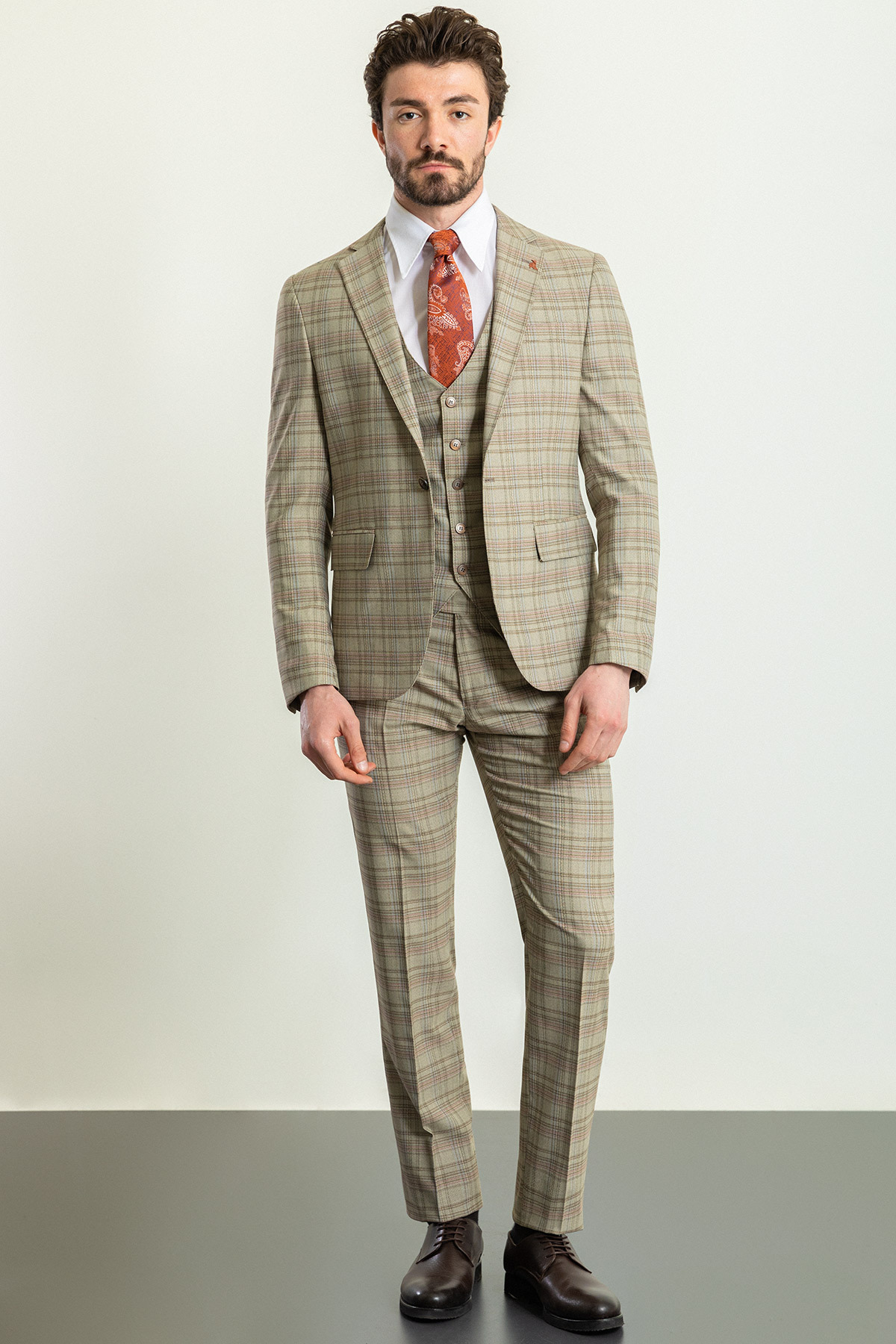 Ekoseli Slim Fit Mono Yaka Erkek Takım Elbise Bej - 45223.23Y — رنگارنگ — تصویر 4 از 6