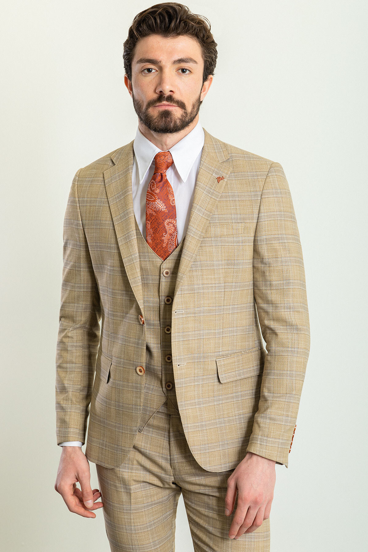 Mcr Plaid Slim Fit Jumpsuit Collar Men's Suit Beige - 45230.23Y