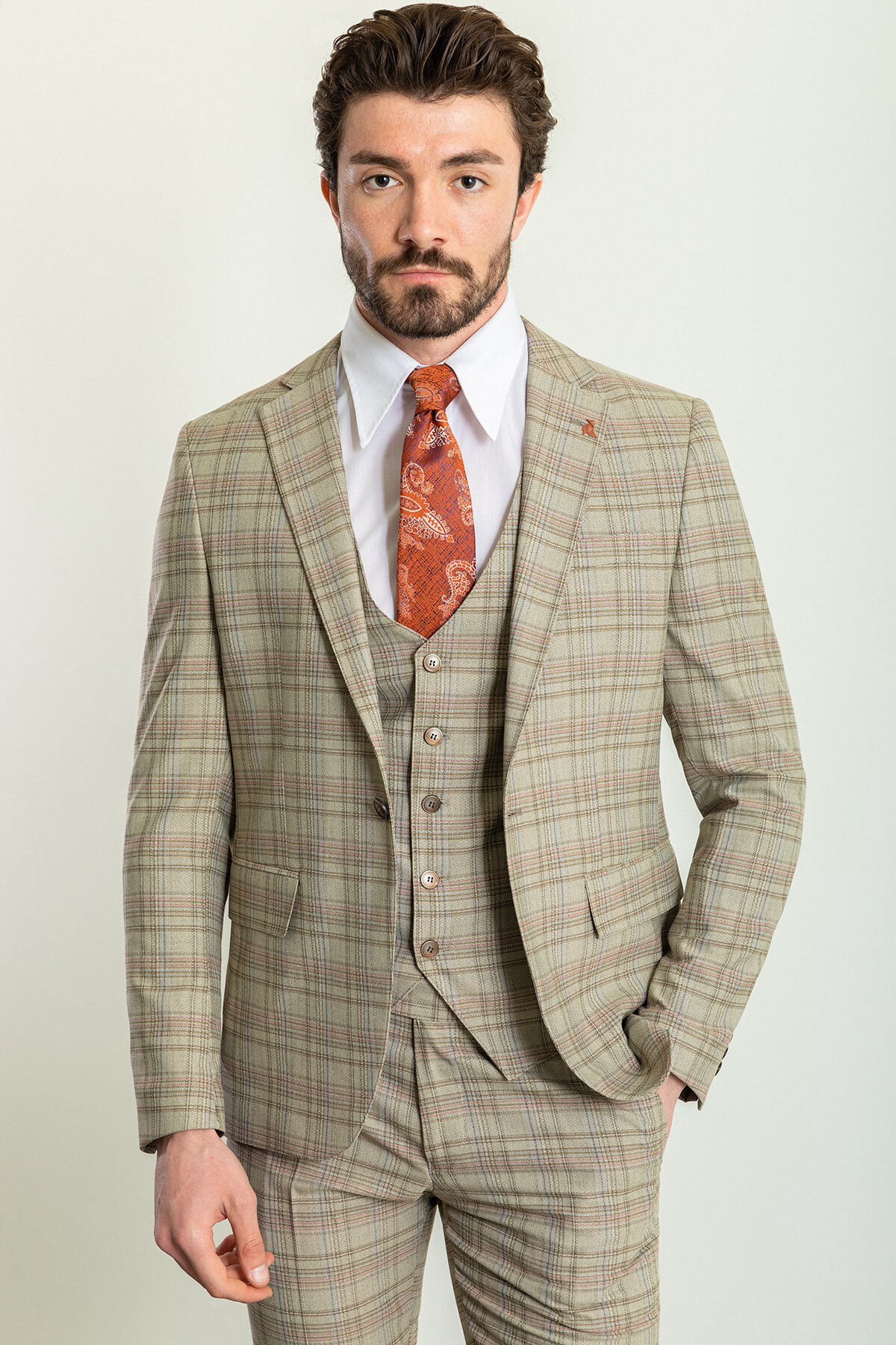 Ekoseli Slim Fit Mono Yaka Erkek Takım Elbise Bej - 45223.23Y — رنگارنگ — تصویر 3 از 6